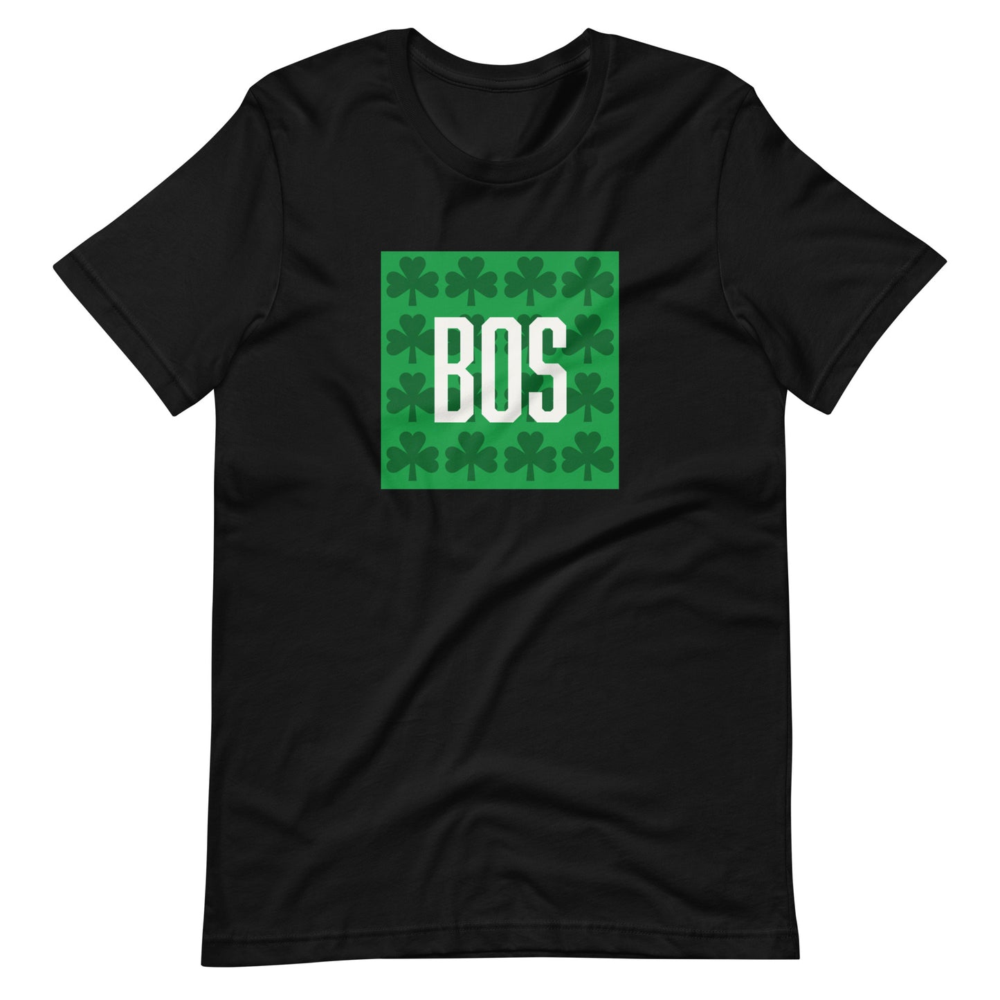 Boston T shirt, BOS abbreviation over green clovers, black