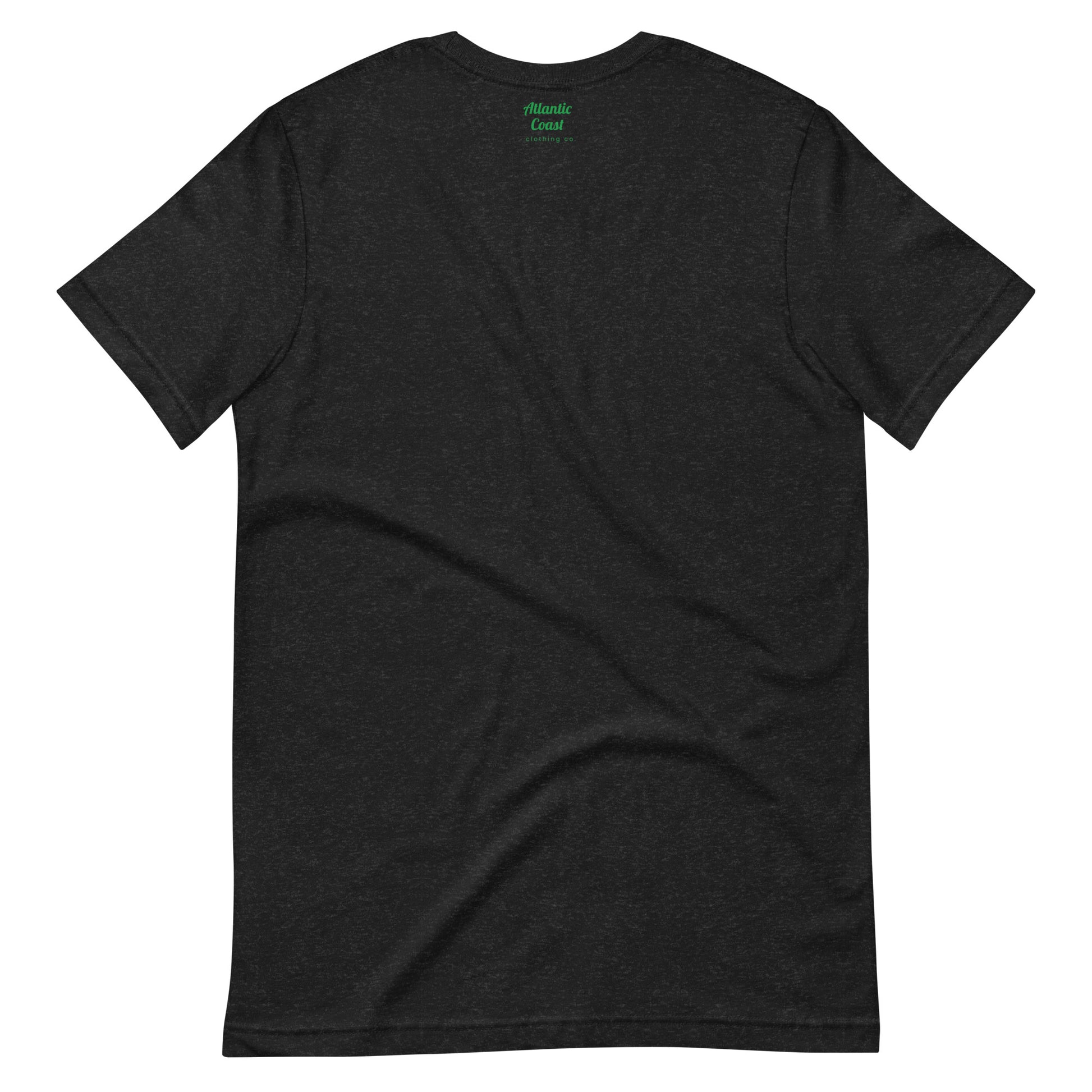 Boston T shirt, BOS abbreviation over green clovers, black, view of back