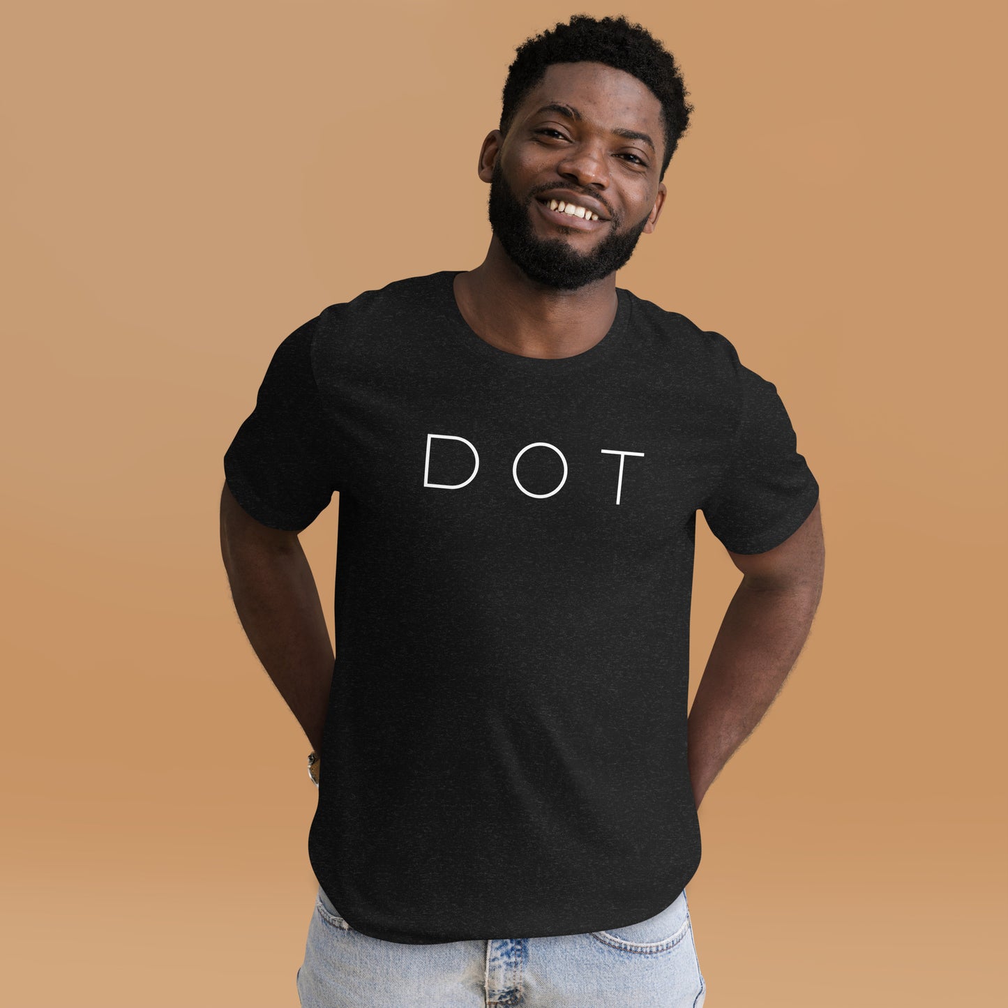 Dorchester t shirt, with "DOT" in white font, black shirt, on model