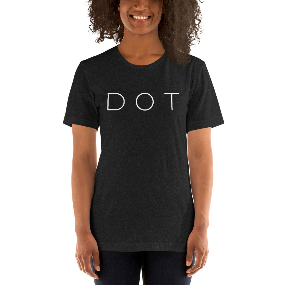 Dorchester t shirt, with "DOT" in white font, black shirt, on model