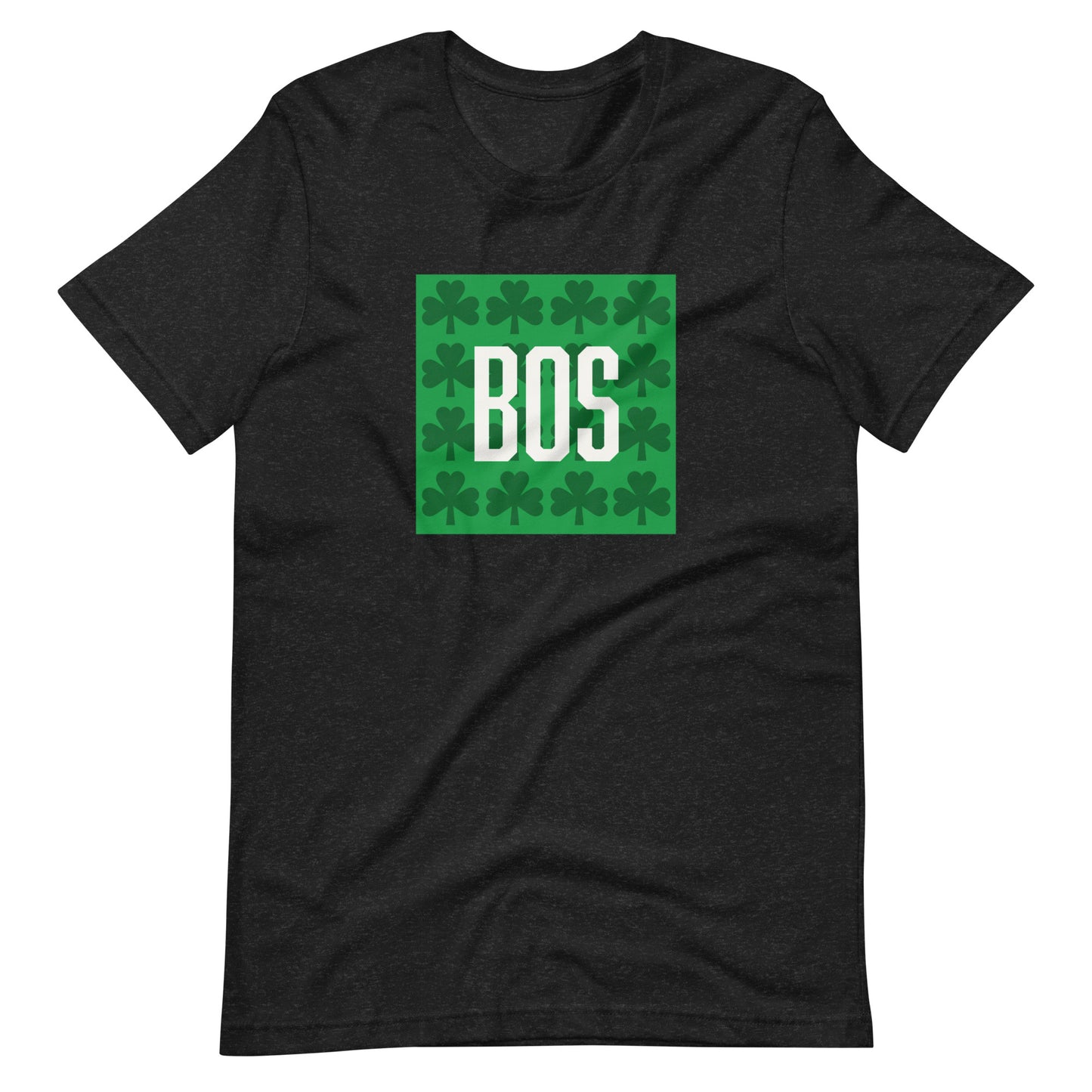 Boston T shirt, BOS abbreviation over green clovers, heather black