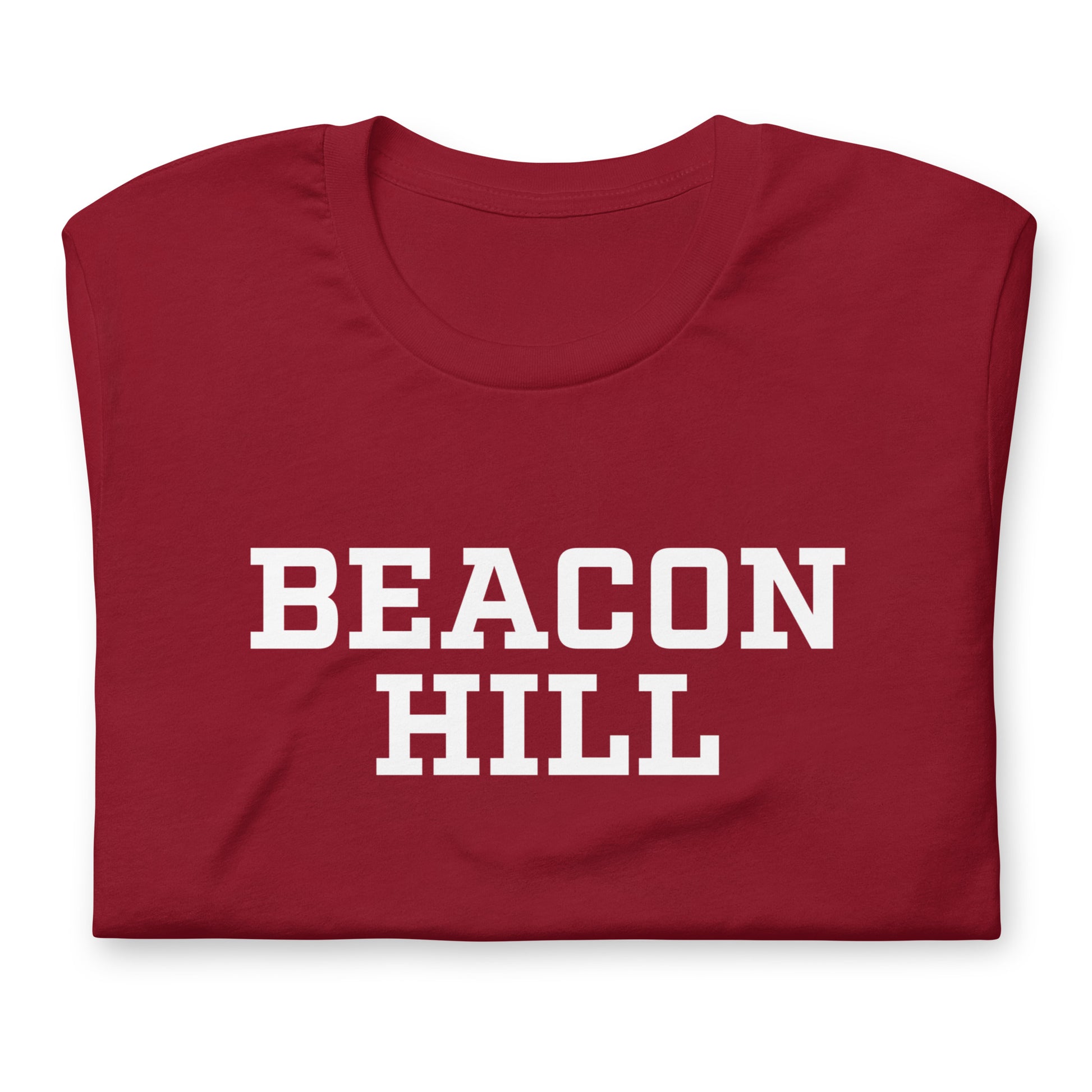 Graphic t shirt displaying "Beacon Hill", a neighborhood in Boston, MA. The shirt shown is cardinal red, folded..