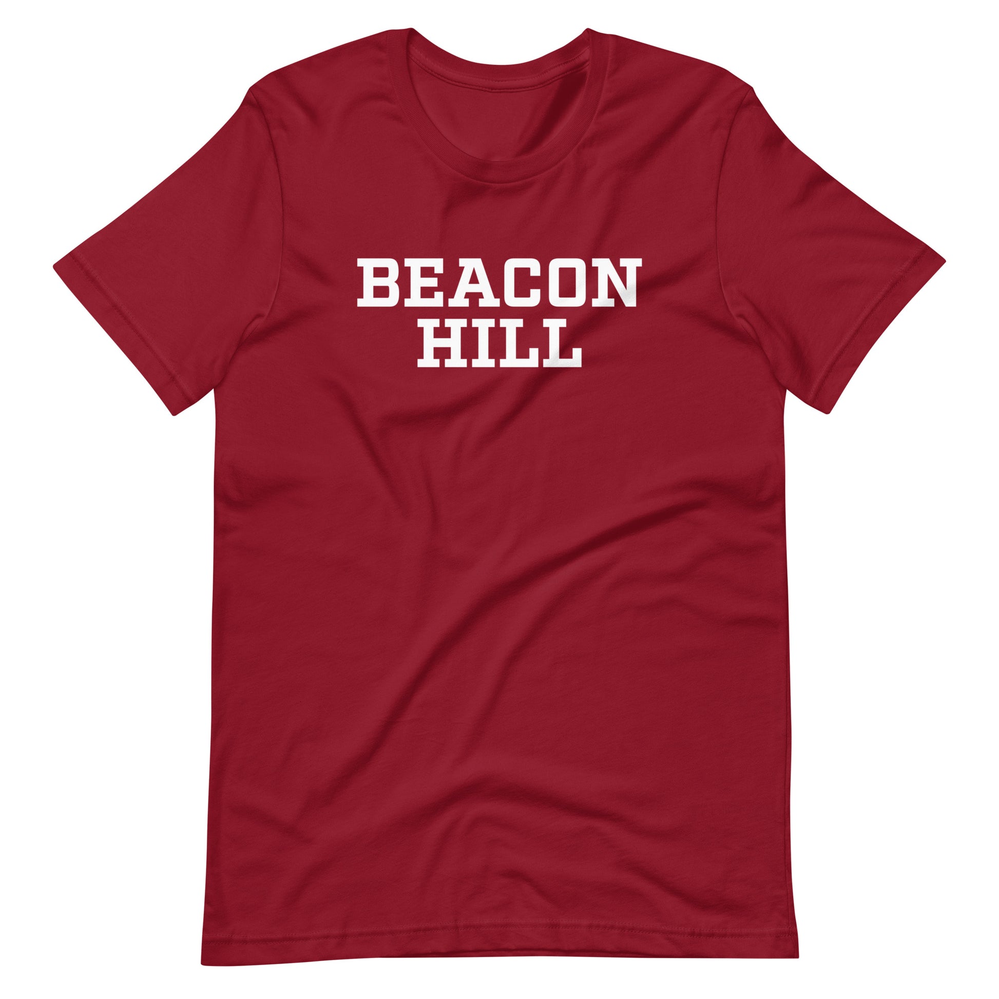 Graphic t shirt displaying "Beacon Hill", a neighborhood in Boston, MA. The shirt shown is cardinal red..