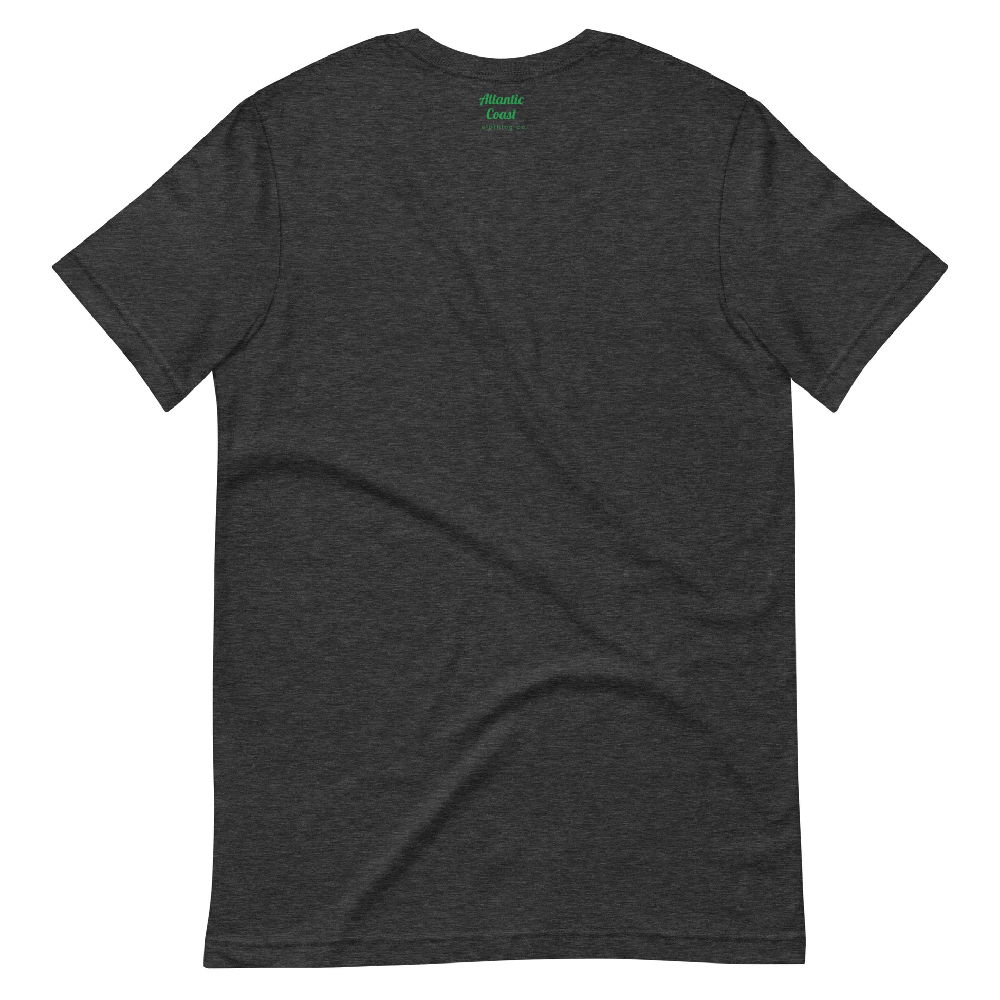 Boston T shirt, BOS abbreviation over green clovers, dark grey