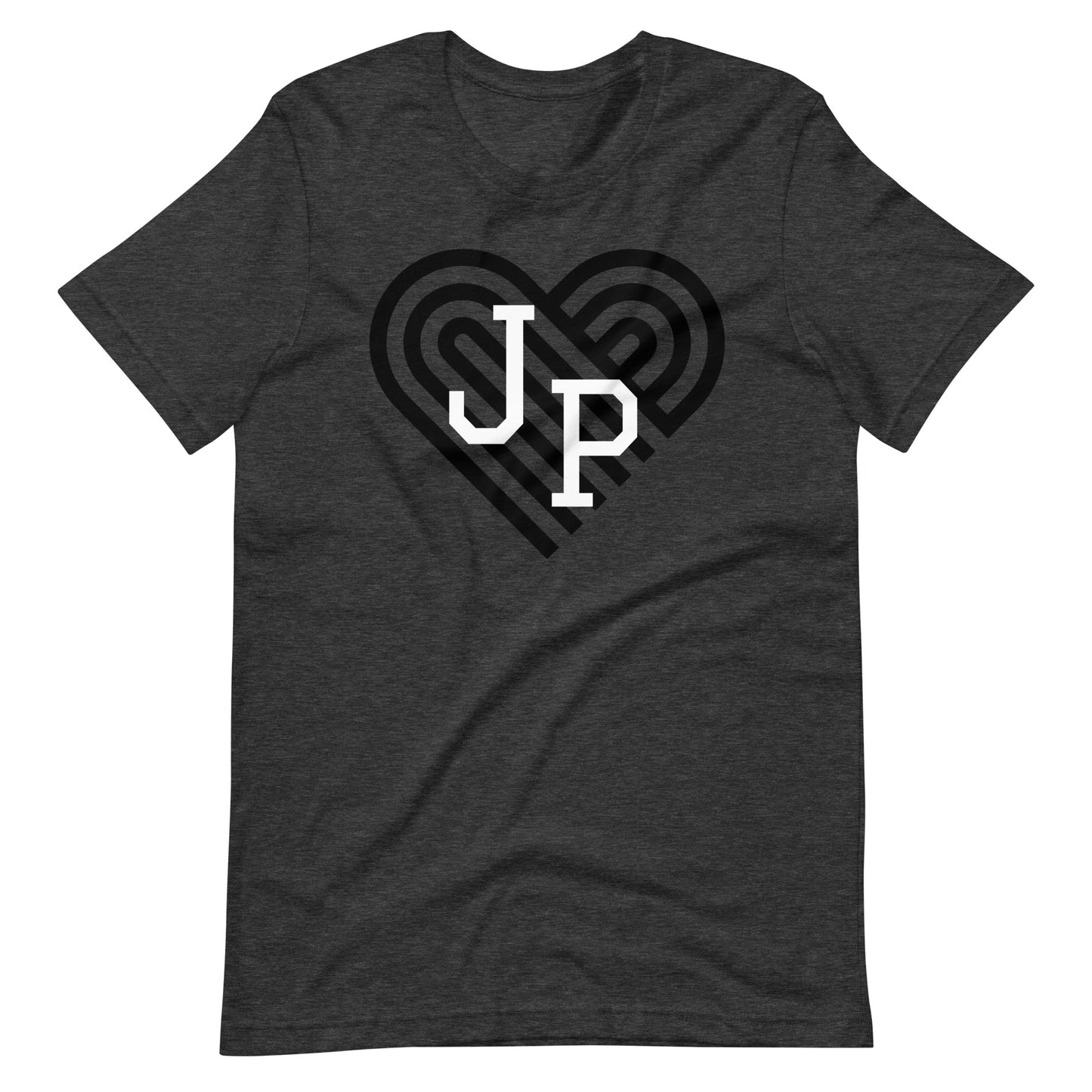 Jamaica Plain t shirt, with black heart behind "JP" letters in white. The shirt is dark grey.