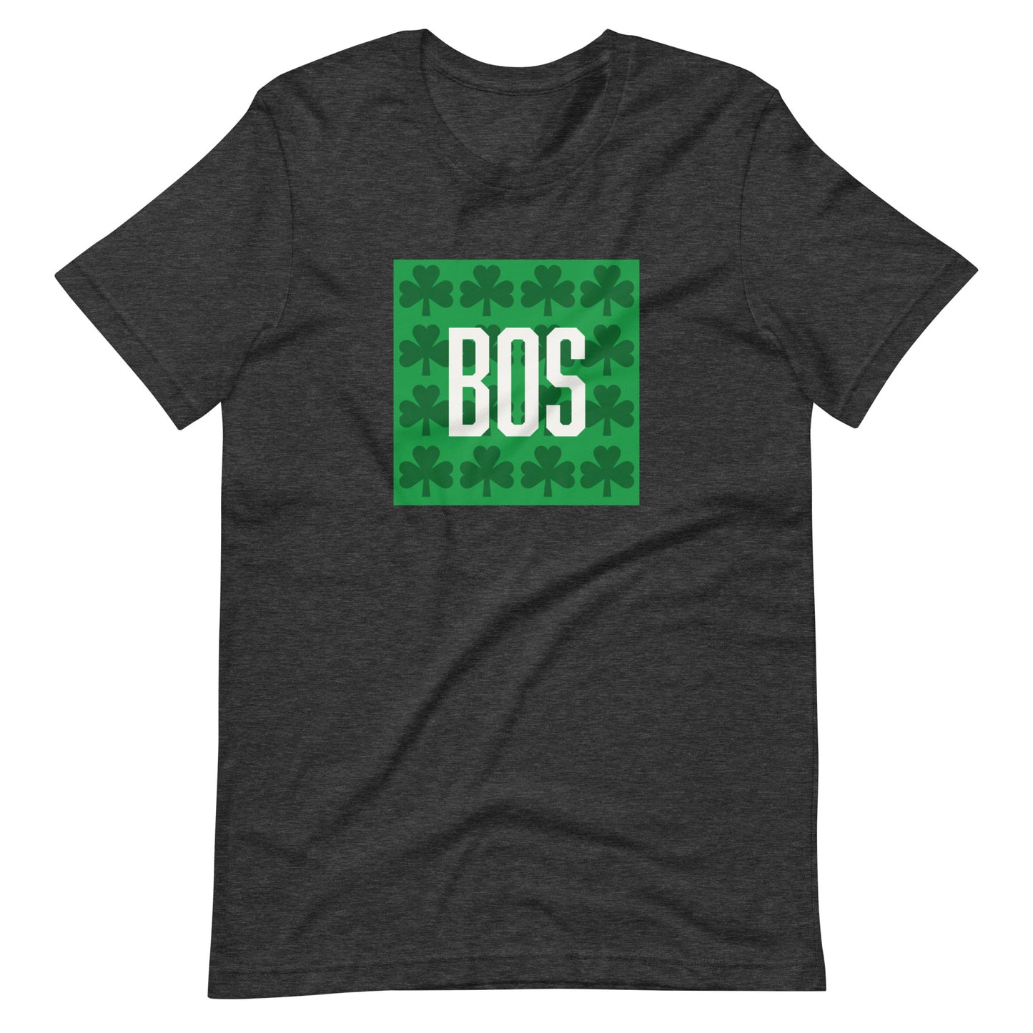 Boston T shirt, BOS abbreviation over green clovers, dark grey