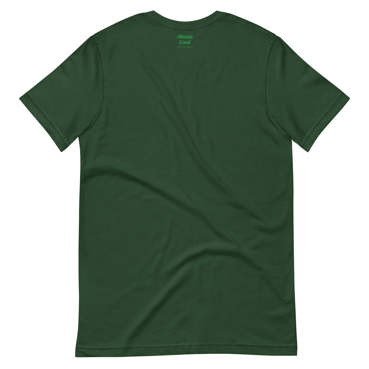 Boston T shirt, BOS abbreviation over green clovers, forest green, view of back