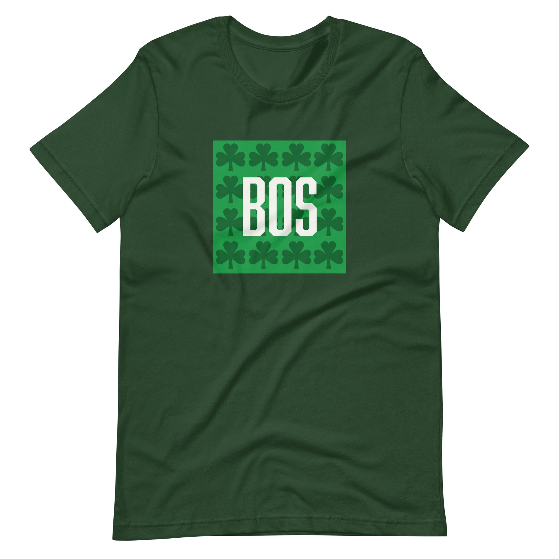 Boston T shirt, BOS abbreviation over green clovers, forest green