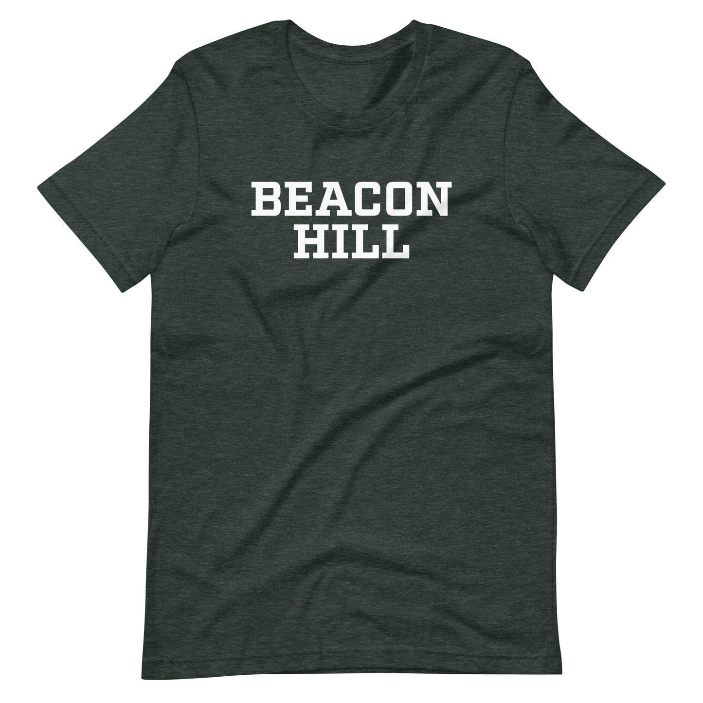 Graphic t shirt displaying "Beacon Hill", a neighborhood in Boston, MA. The shirt shown is forest green.