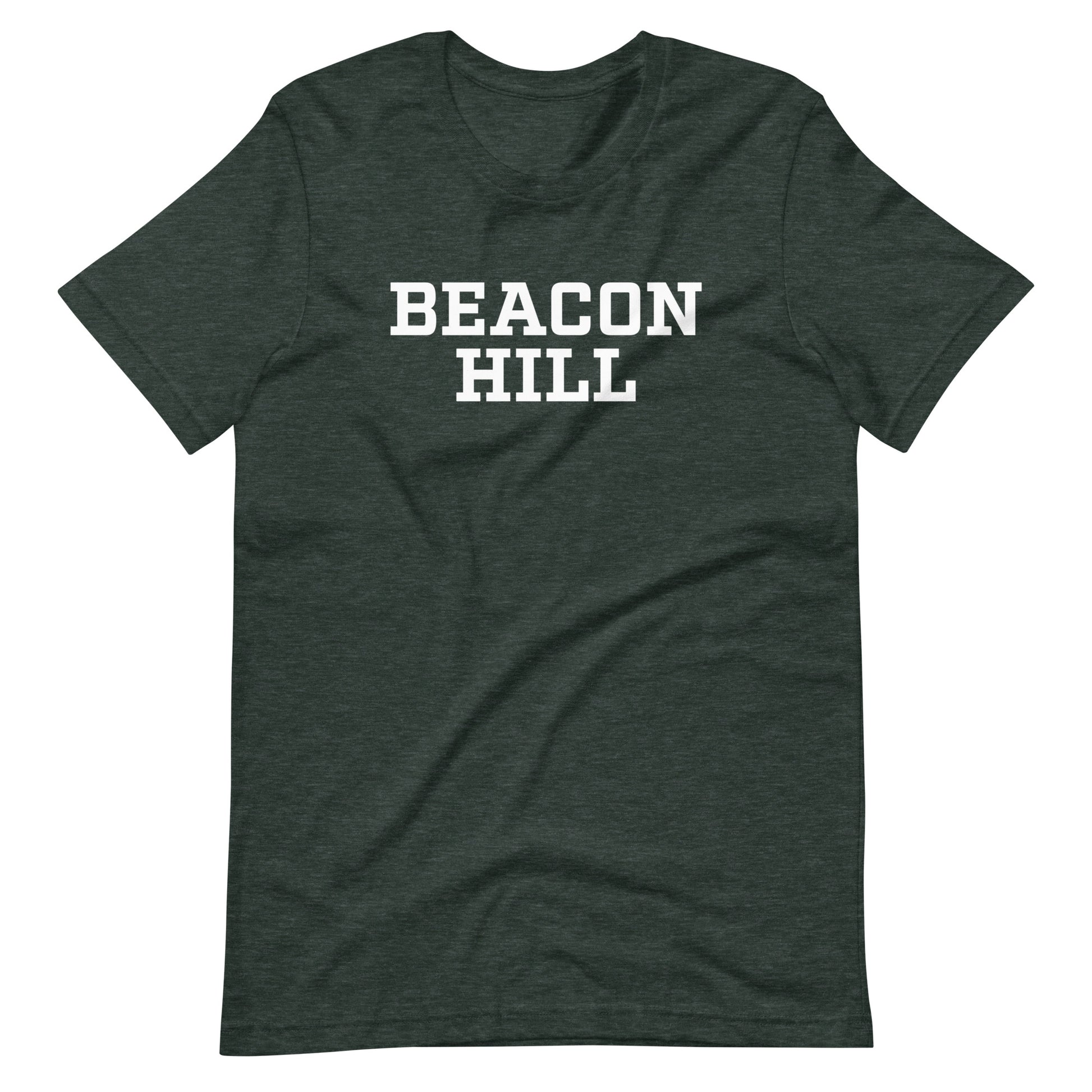 Graphic t shirt displaying "Beacon Hill", a neighborhood in Boston, MA. The shirt shown is forest green.