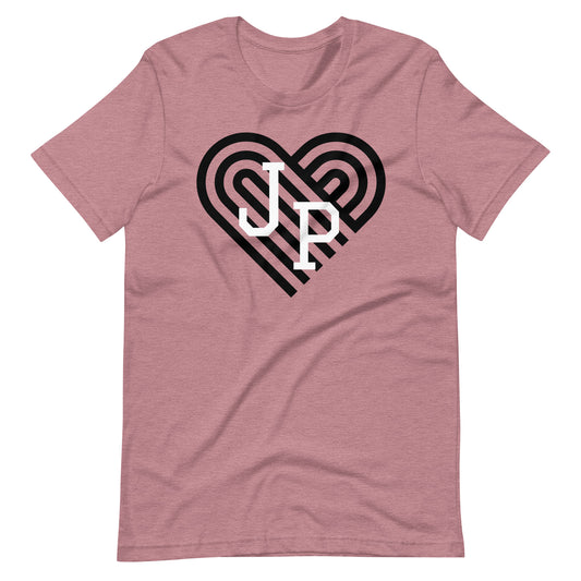 Jamaica Plain t shirt, with black heart behind "JP" letters in white. The shirt is pink..