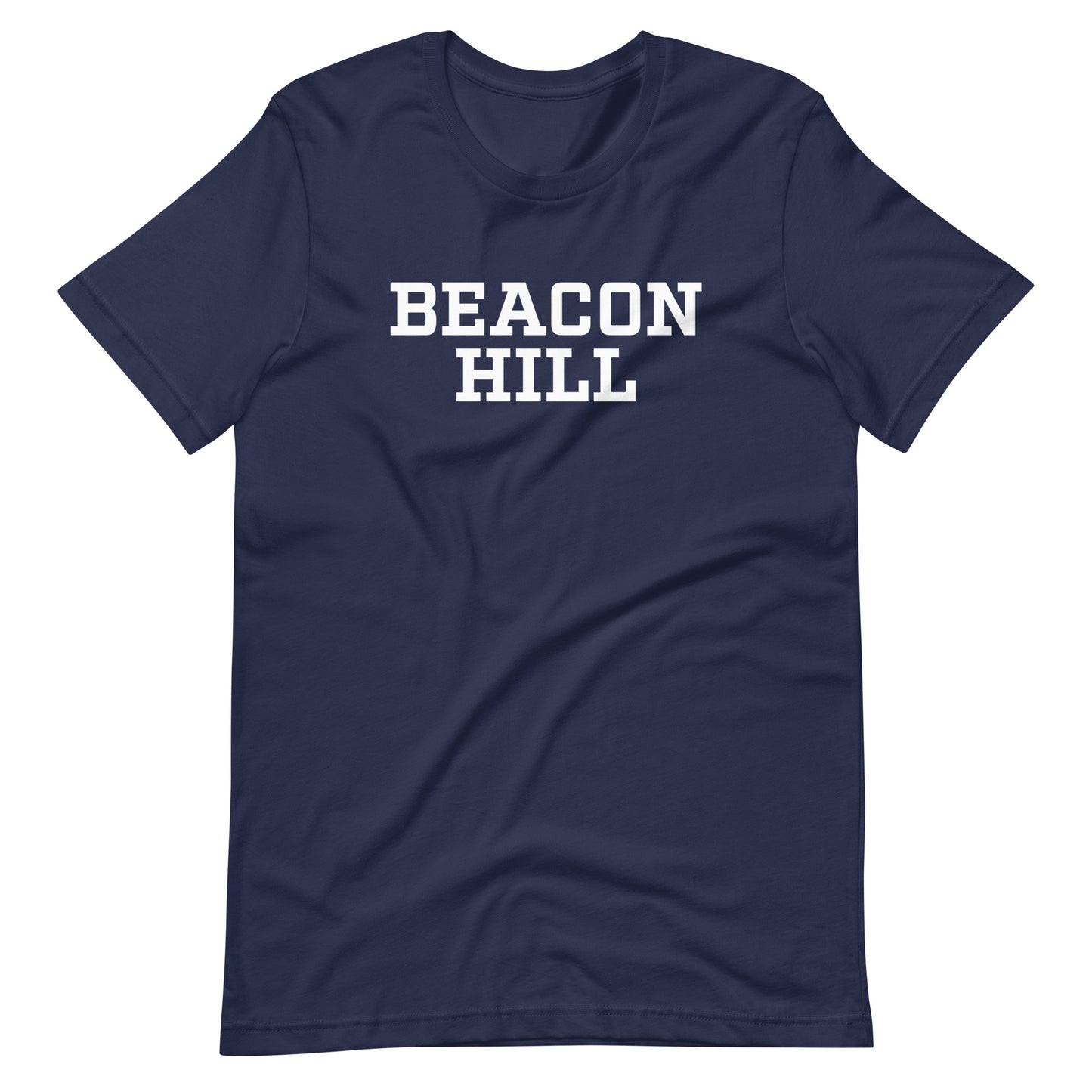 Graphic t shirt displaying "Beacon Hill", a neighborhood in Boston, MA. The shirt shown is navy.