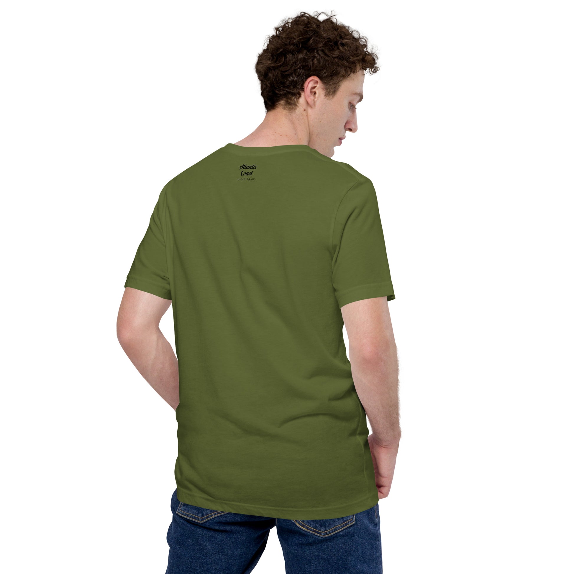 Boston "BOS" t shirt, olive green, on back of model