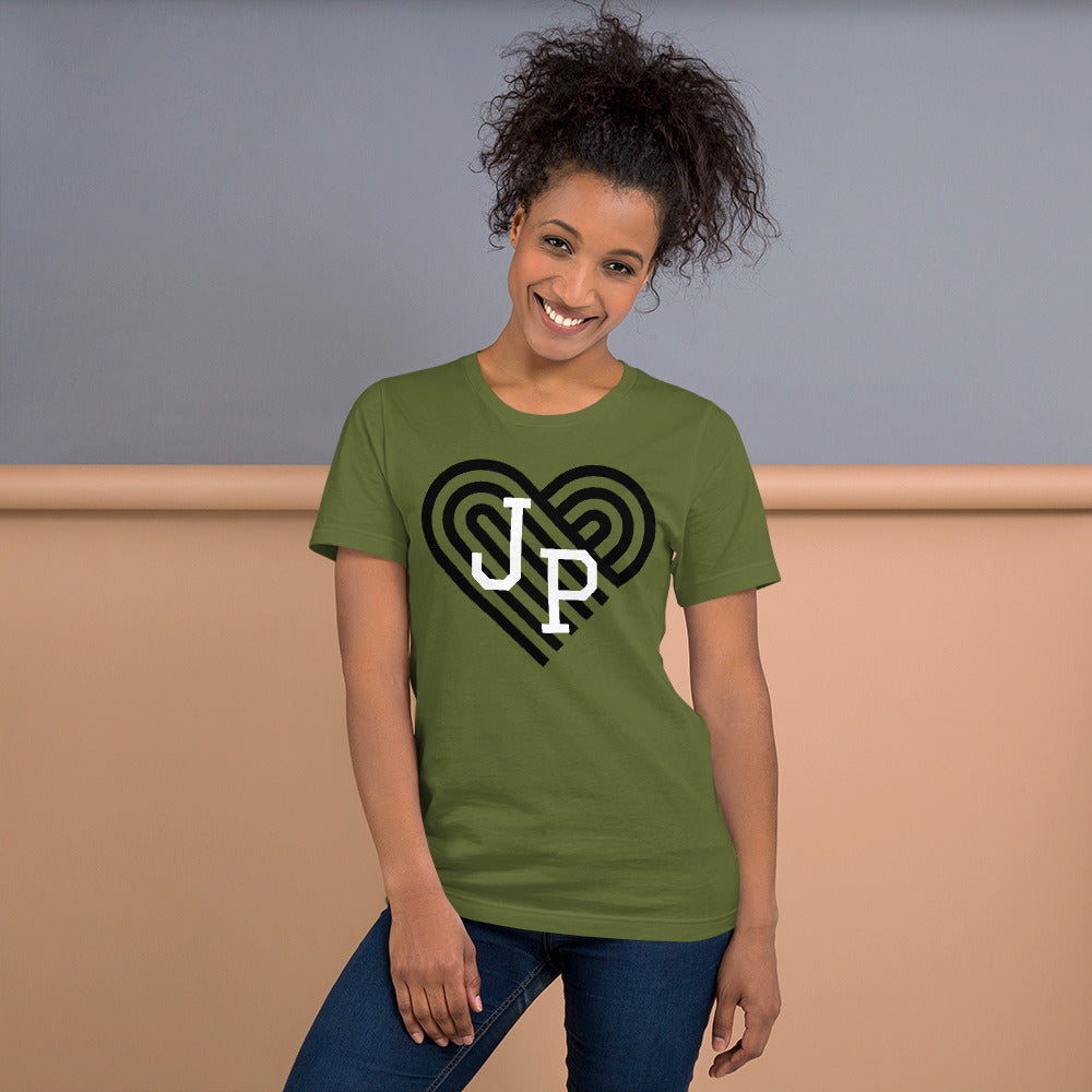 Jamaica Plain t shirt, with black heart behind "JP" letters in white. The shirt is olive green, on model..