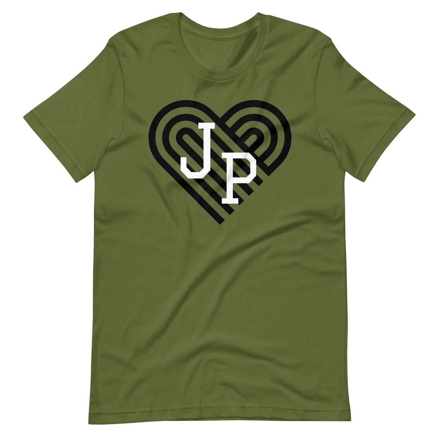 Jamaica Plain t shirt, with black heart behind "JP" letters in white. The shirt is olive green..