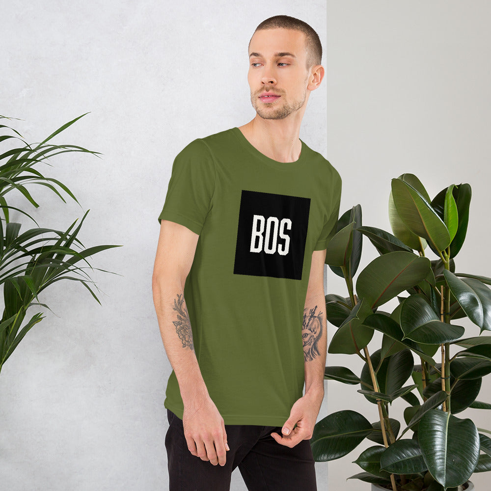 Boston "BOS" t shirt, olive green, on model