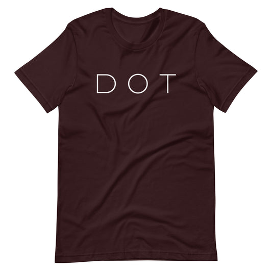 Dorchester t shirt, with "DOT" in white font, deep red shirt