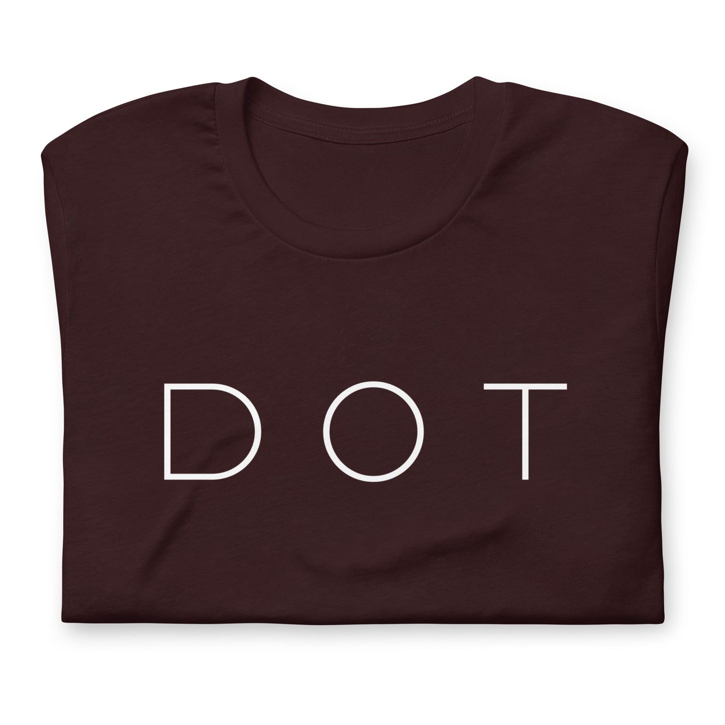 Dorchester t shirt, with "DOT" in white font, deep red shirt, folded