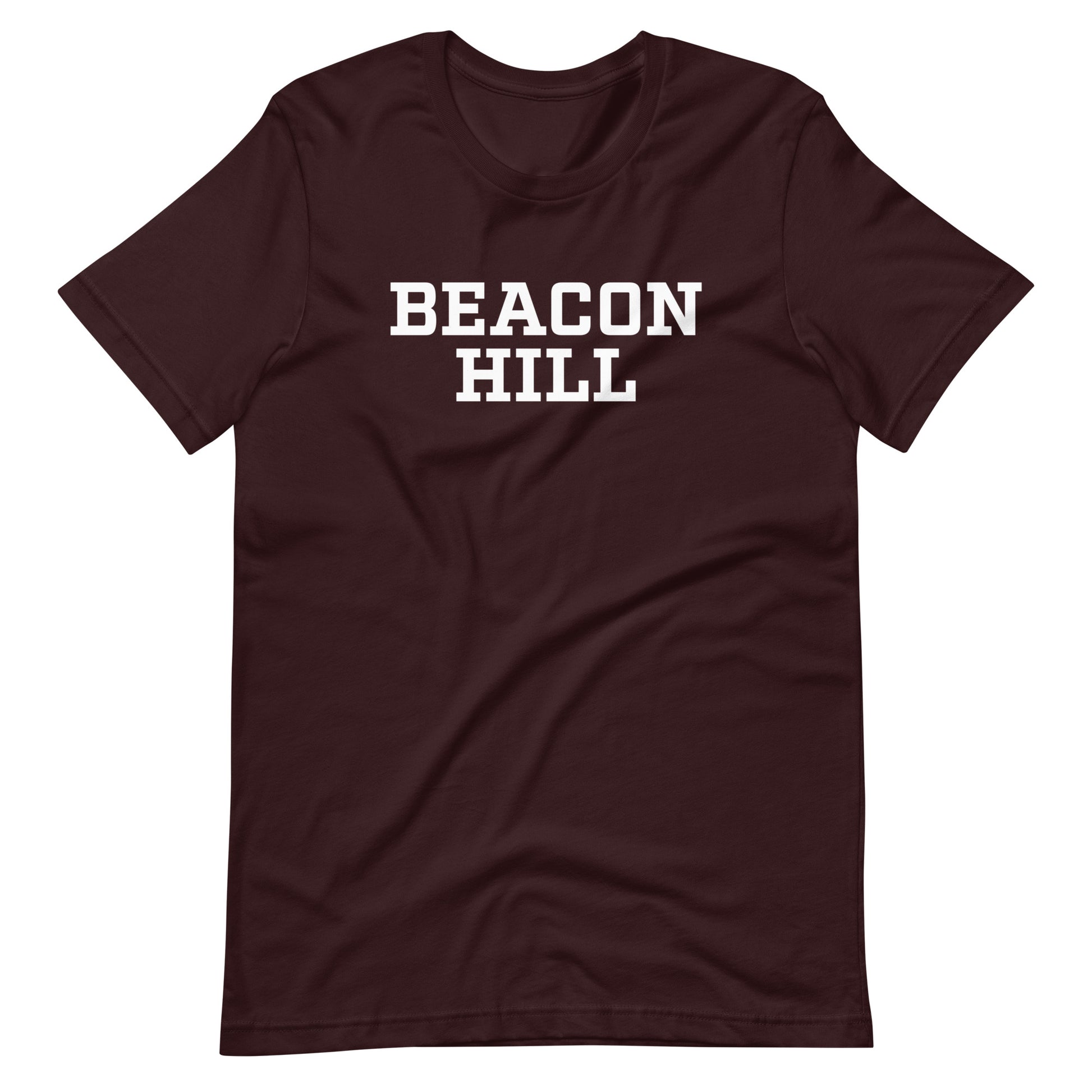 Graphic t shirt displaying "Beacon Hill", a neighborhood in Boston, MA. The shirt shown is dark red..