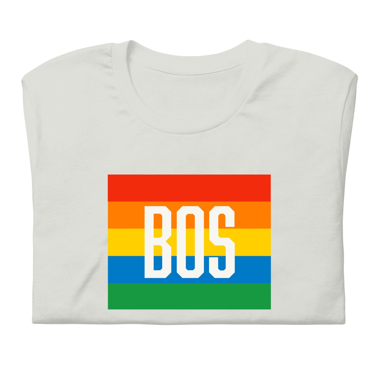 Boston t shirt, rainbow square behind BOS abbreviation, silver shirt, folded