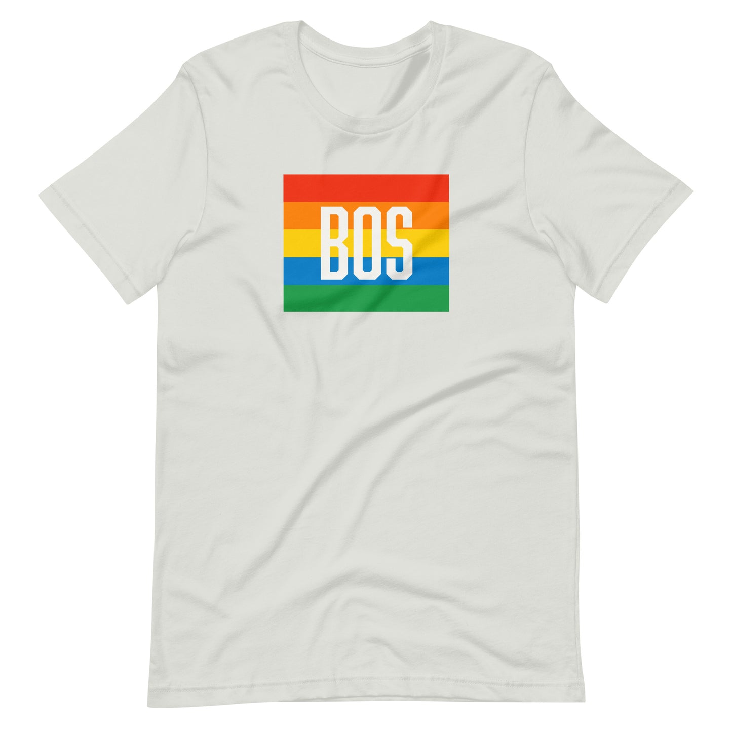 Boston t shirt, rainbow square behind BOS abbreviation, silver grey shirt,