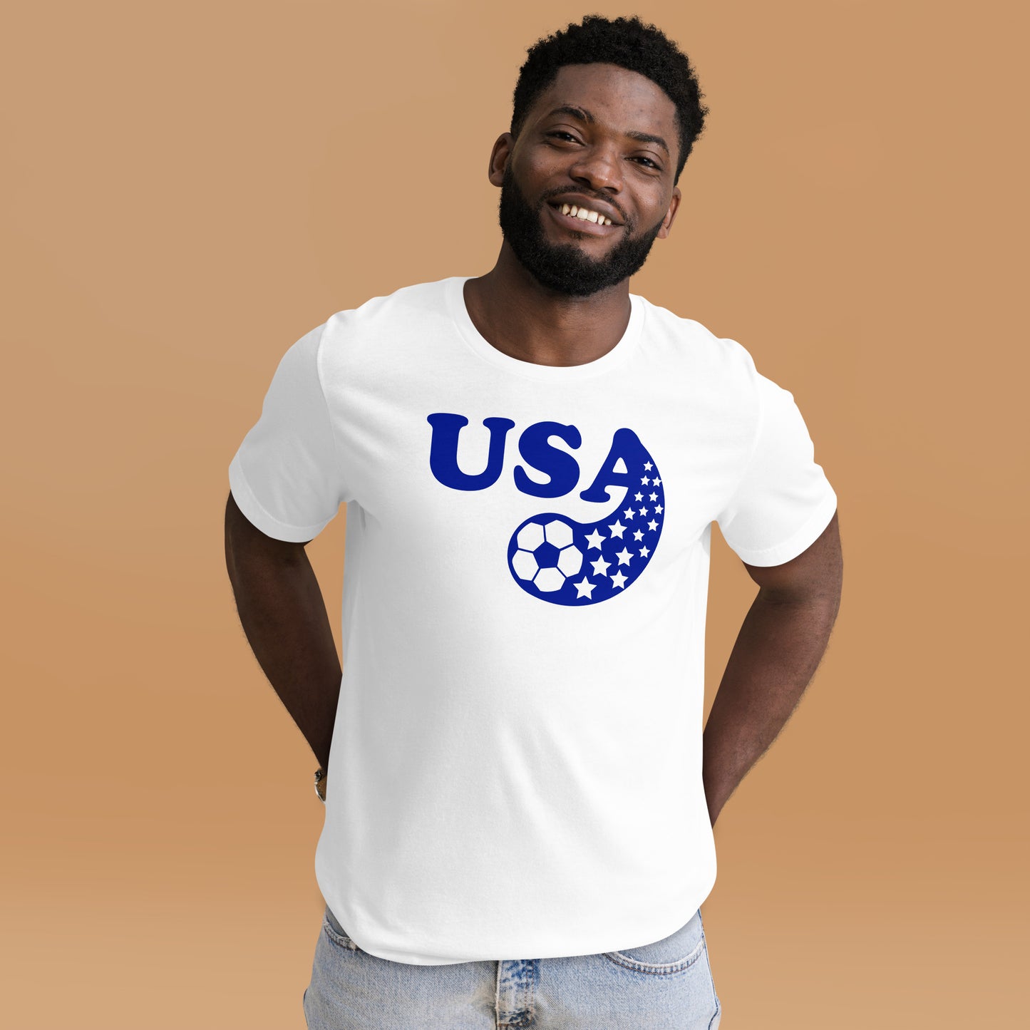 USA soccer t shirt, retro design, white, on model