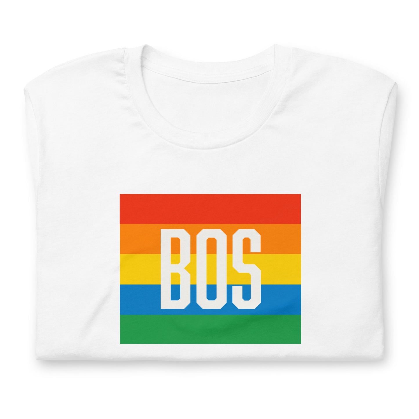 Boston t shirt, rainbow square behind BOS abbreviation, white shirt. folded