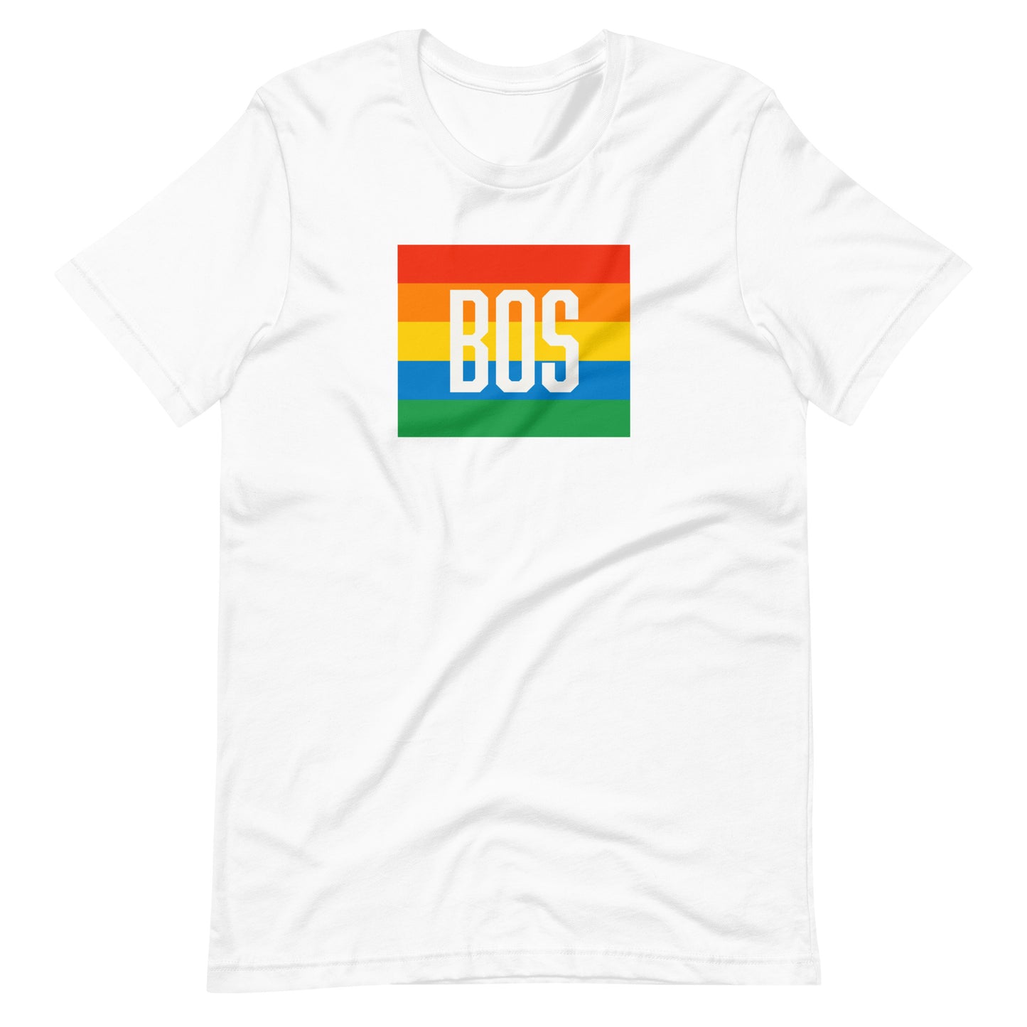 Boston t shirt, rainbow square behind BOS abbreviation, white shirt, view of back