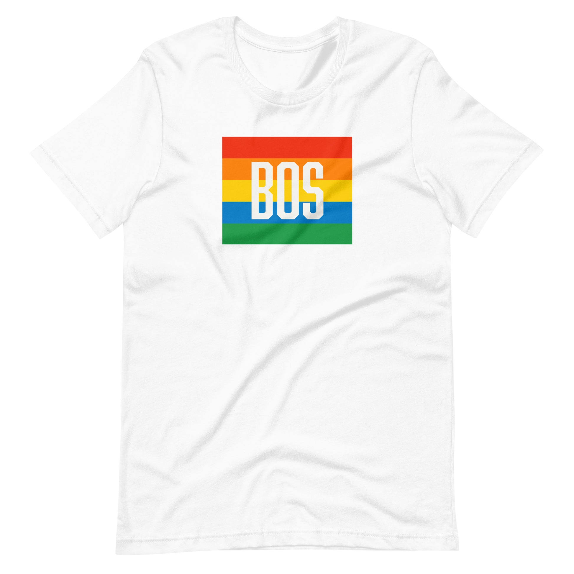 Boston t shirt, rainbow square behind BOS abbreviation, white shirt, view of back