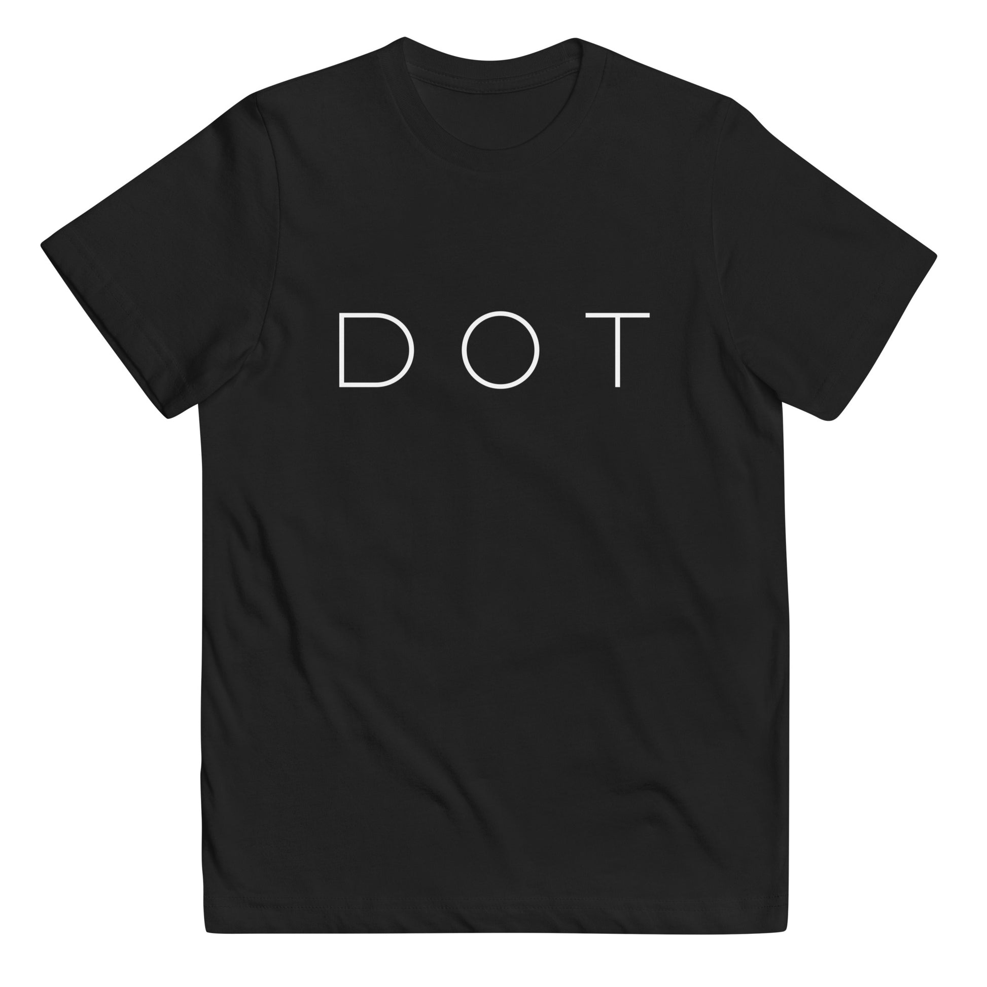 t-shirt with white text across the front that reads "DOT" in white. black shirt