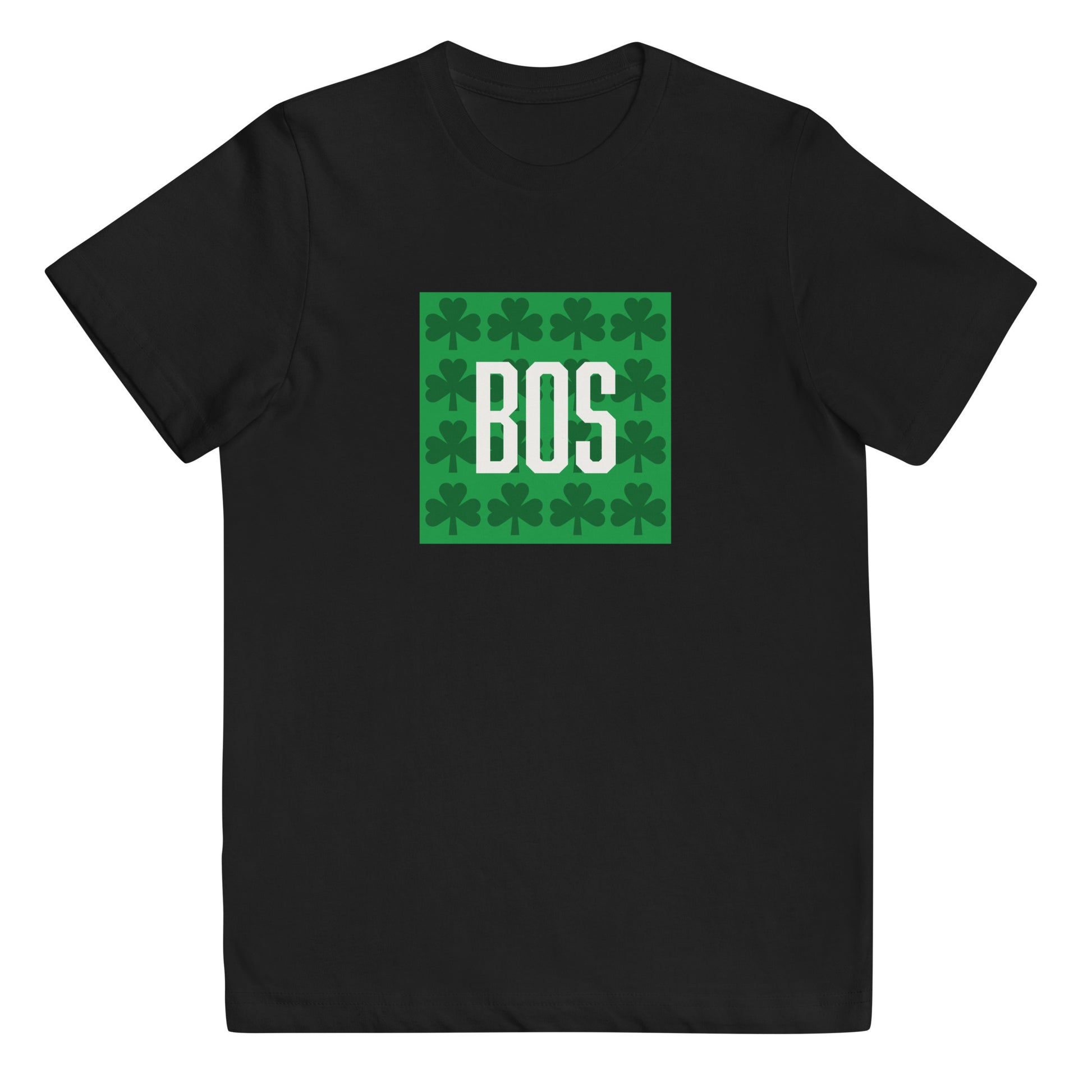 Boston "BOS" (youth) t shirt with green shamrocks, black