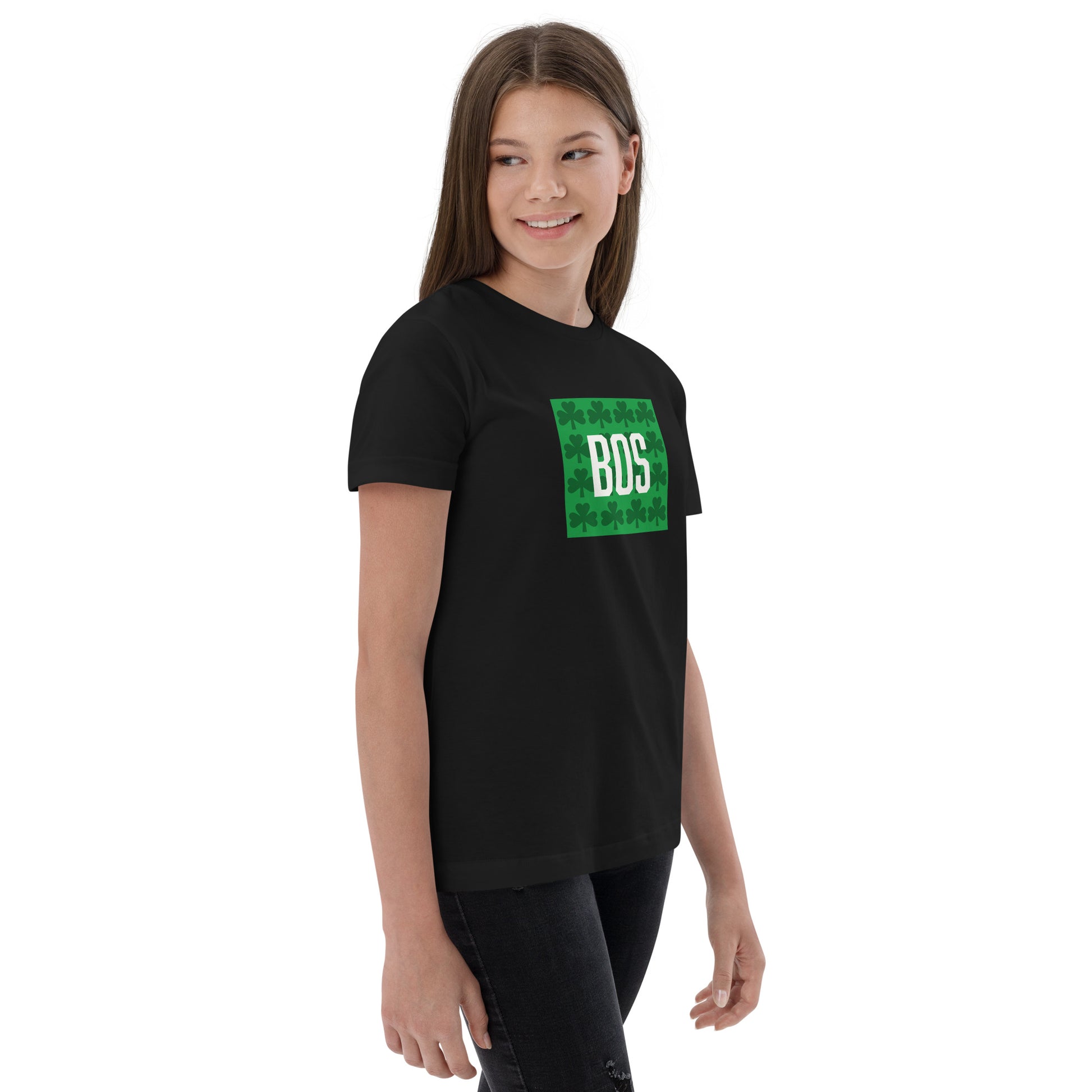 Boston "BOS" (youth) t shirt with green shamrocks, black, on model