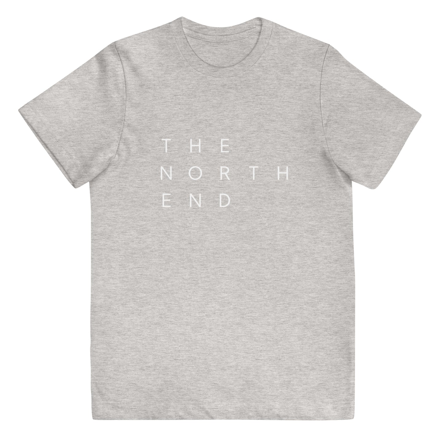 light grey t-shirt with the text "The North End " in white.