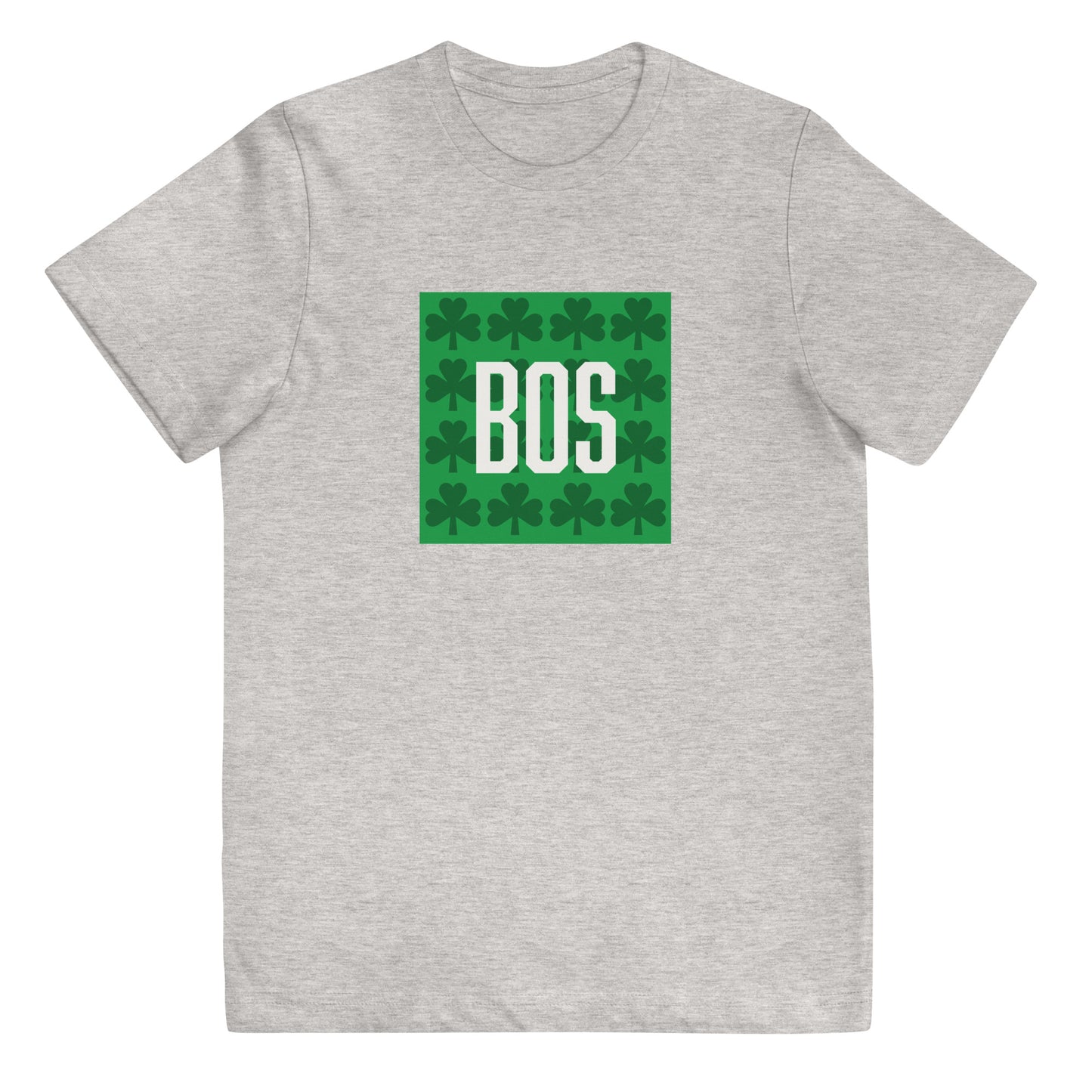 Boston "BOS" (youth) t shirt with green shamrocks, grey