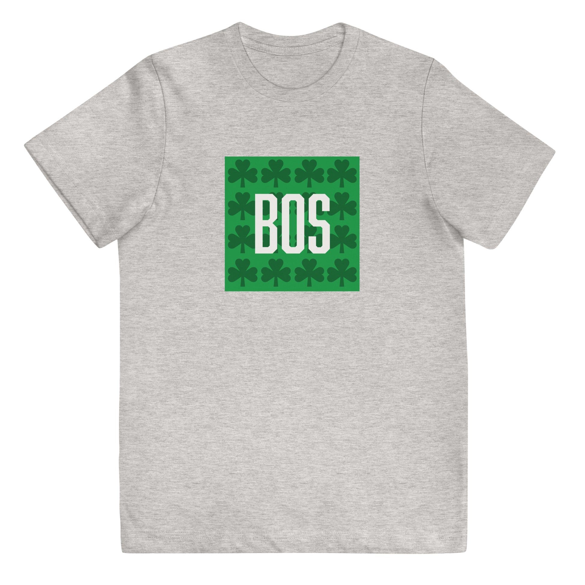 Boston "BOS" (youth) t shirt with green shamrocks, grey