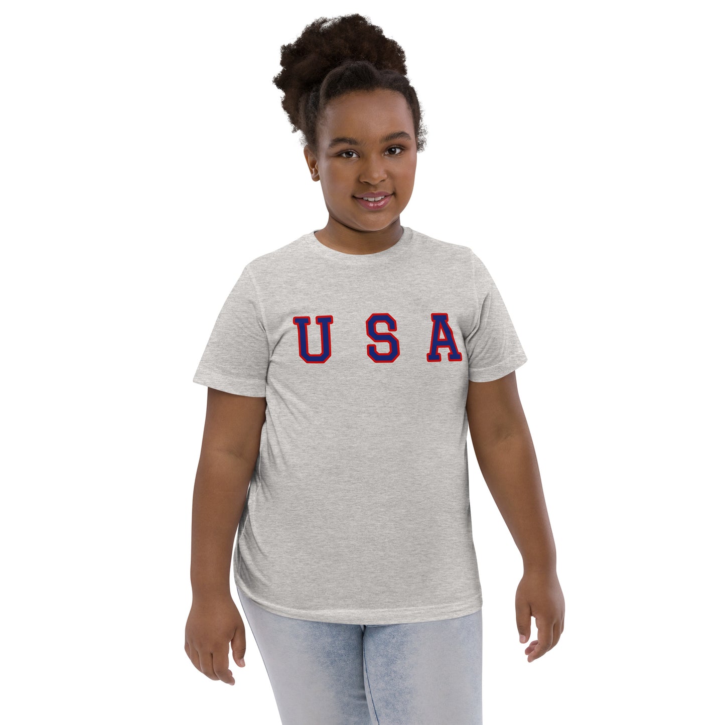 light grey t-shirt with "USA" text across the front in navy and red