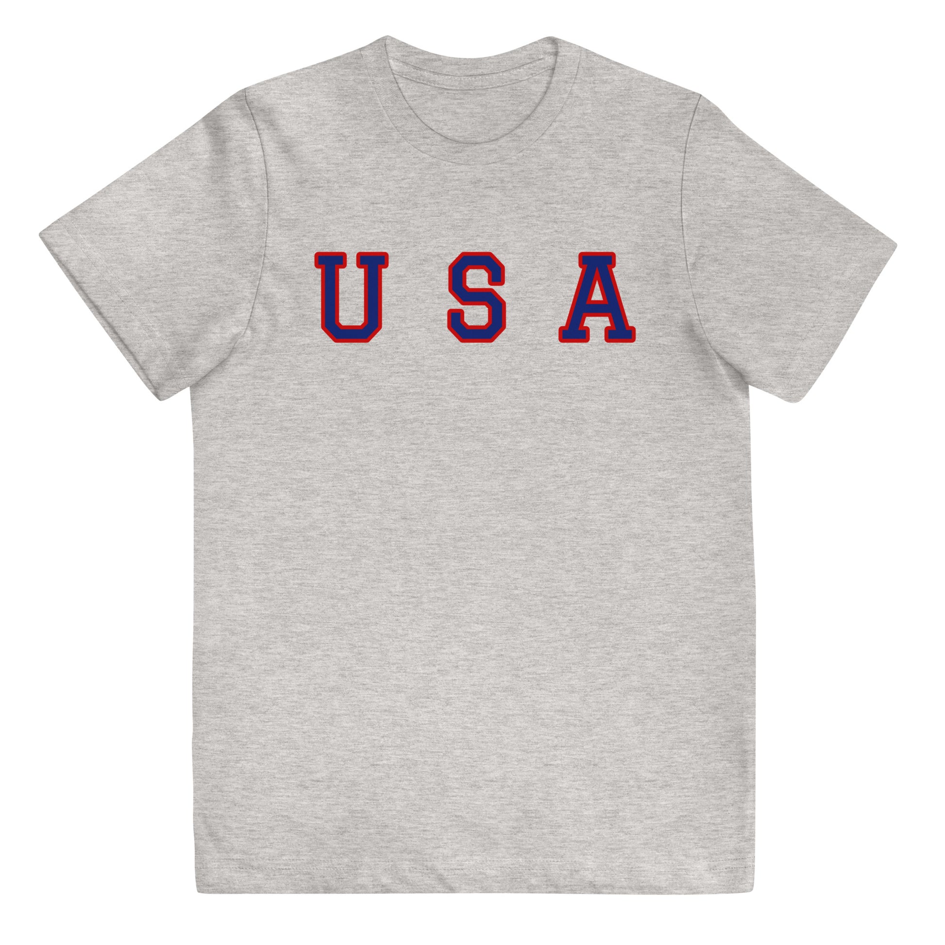 light grey t-shirt with "USA" text across the front in navy and red