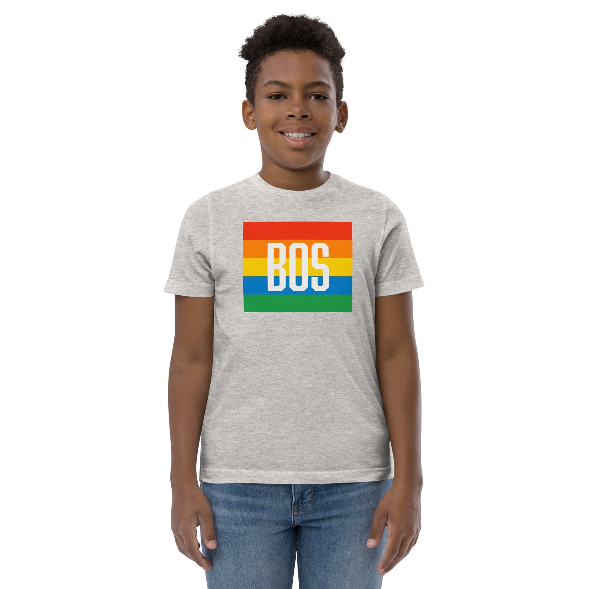 Boston "BOS" Pride T shirt (Youth), grey, on model