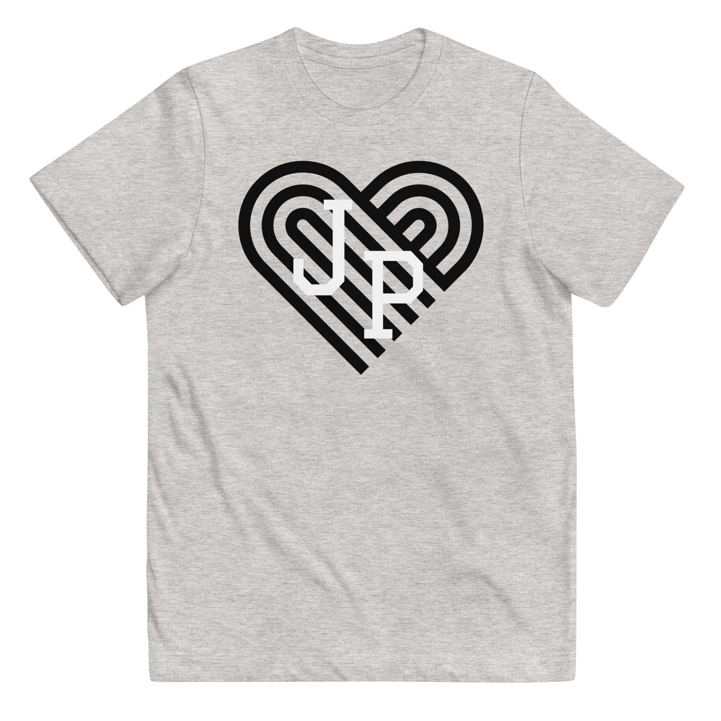 Jamaica Plain T shirt, with black heart behind "JP" letters in white. The shirt is grey.