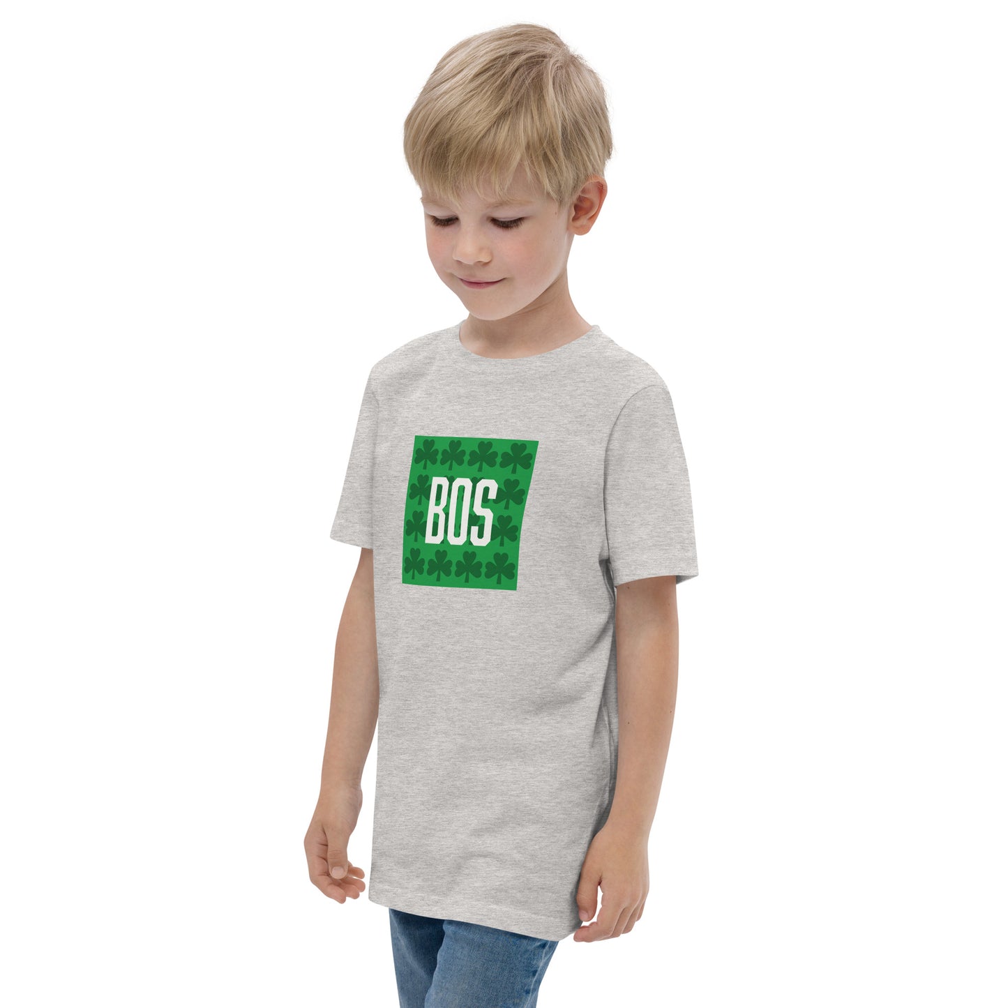 Boston "BOS" (youth) t shirt with green shamrocks, grey, on model