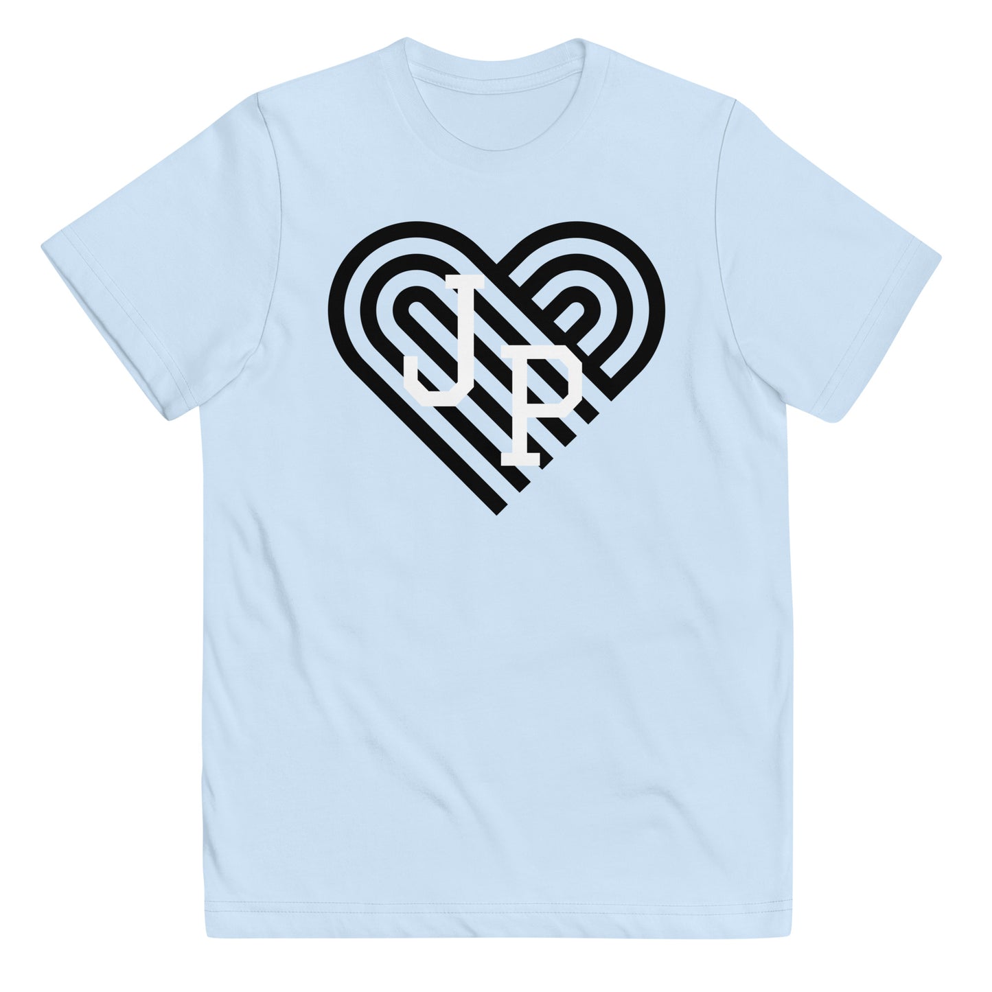 Jamaica Plain T shirt, with black heart behind "JP" letters in white. The shirt is light blue..