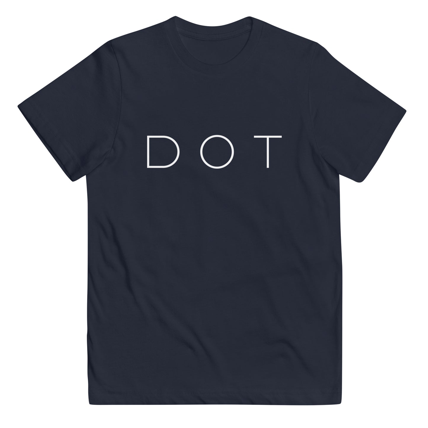 t-shirt with white text across the front that reads "DOT" in white. Navy shirt