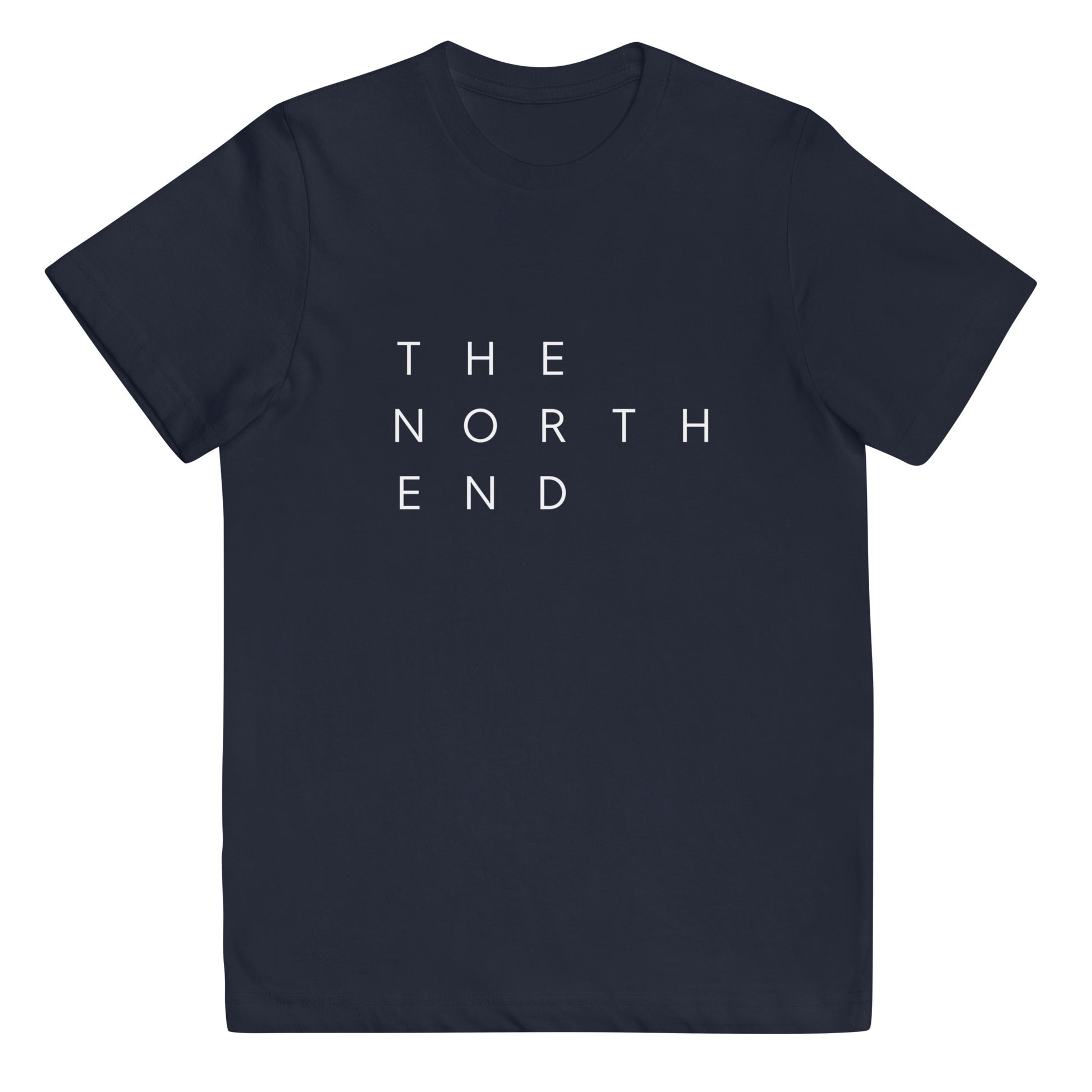 navy t-shirt with the text "The North End " in white.