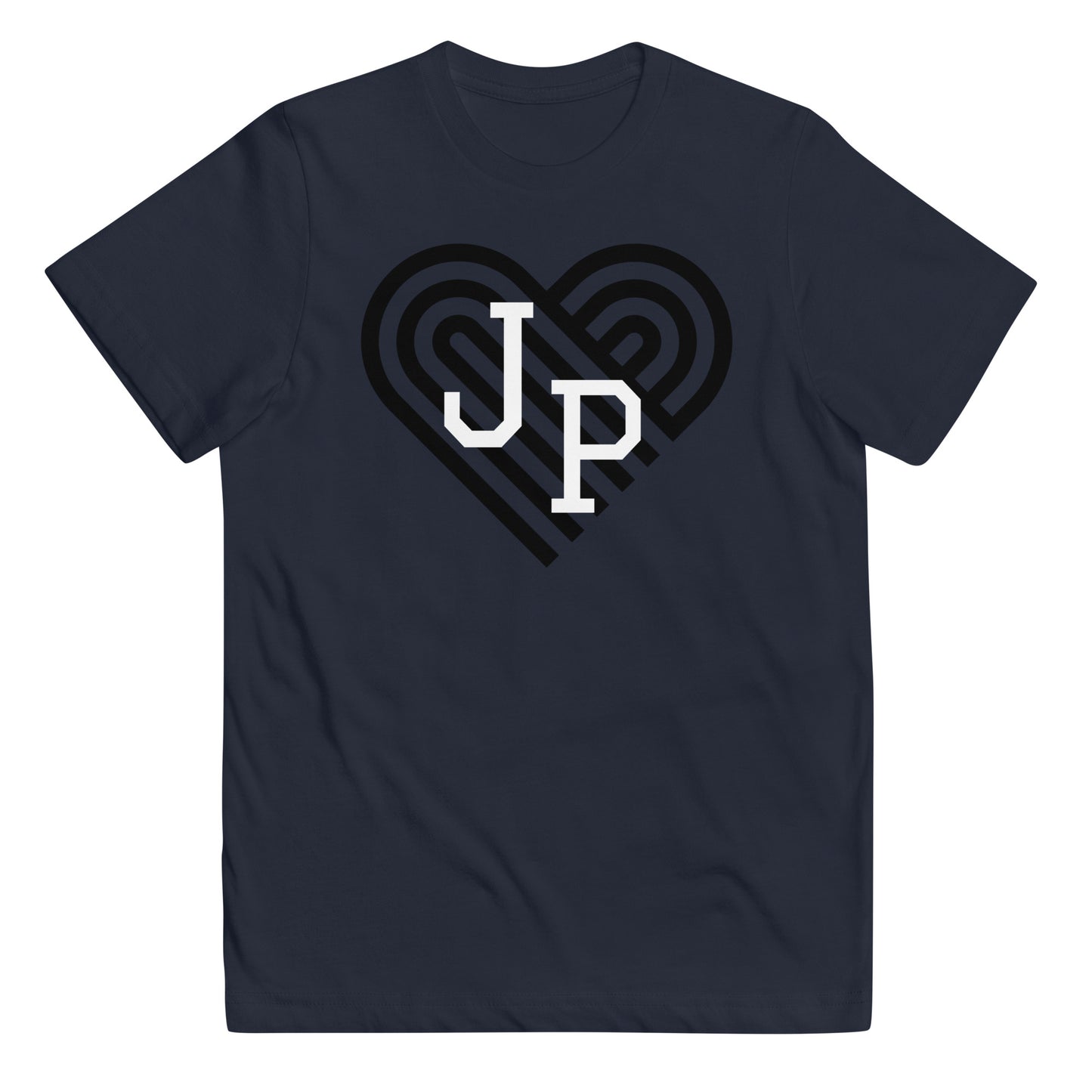 Jamaica Plain T shirt, with black heart behind "JP" letters in white. The shirt is blue.