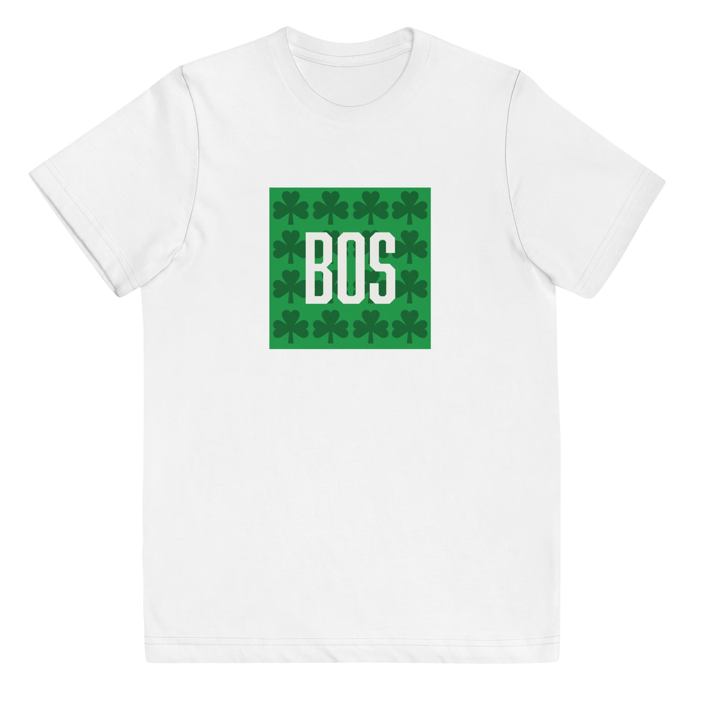 Boston "BOS" (youth) t shirt with green shamrocks, white