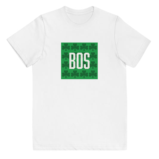 Boston "BOS" (youth) t shirt with green shamrocks, white