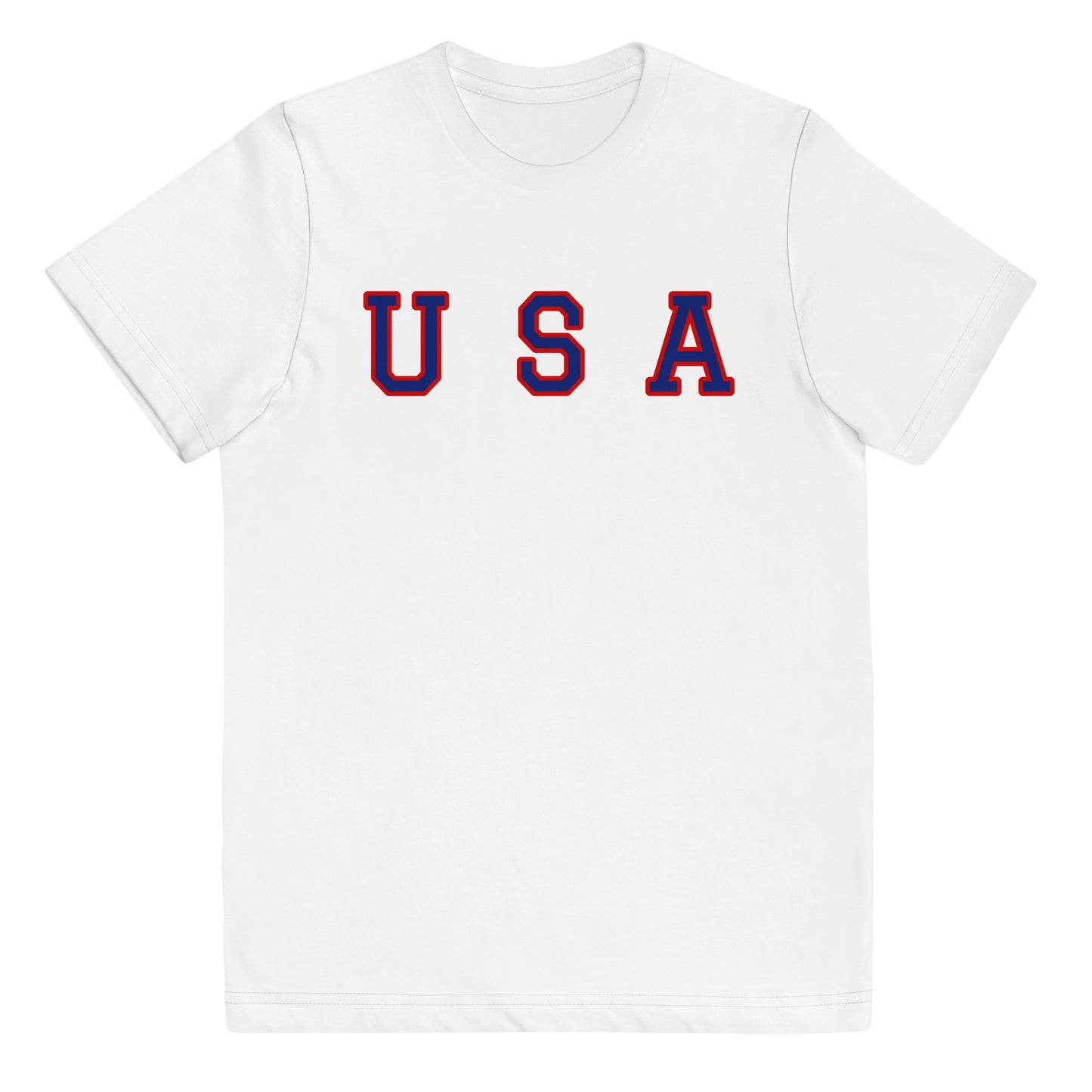 white t-shirt with "USA" text across the front in navy and red