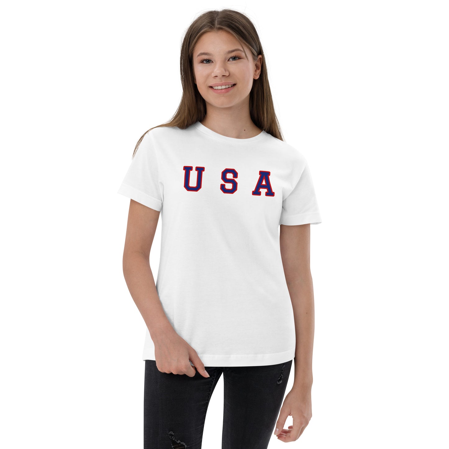 white t-shirt with "USA" text across the front in navy and red