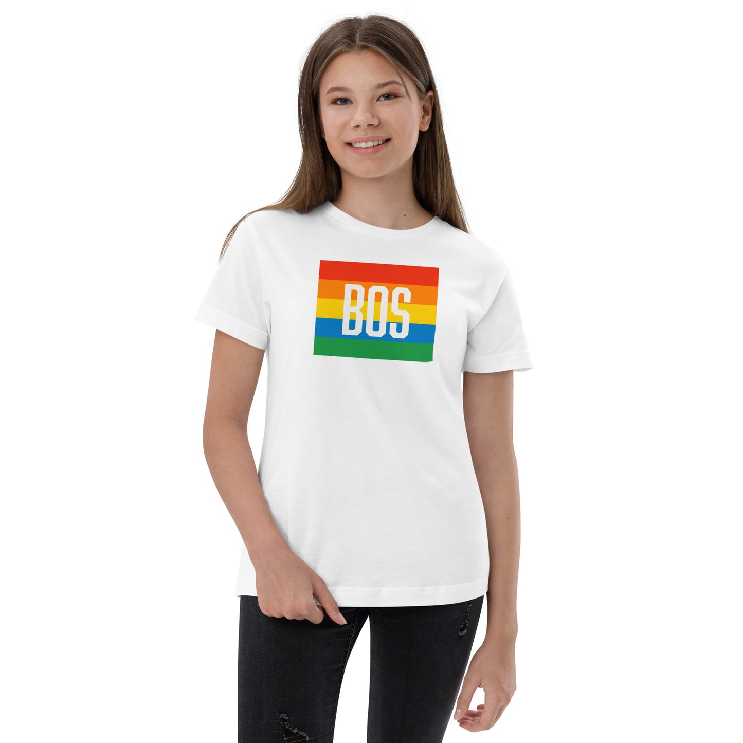 Boston "BOS" Pride T shirt (Youth), white, on model