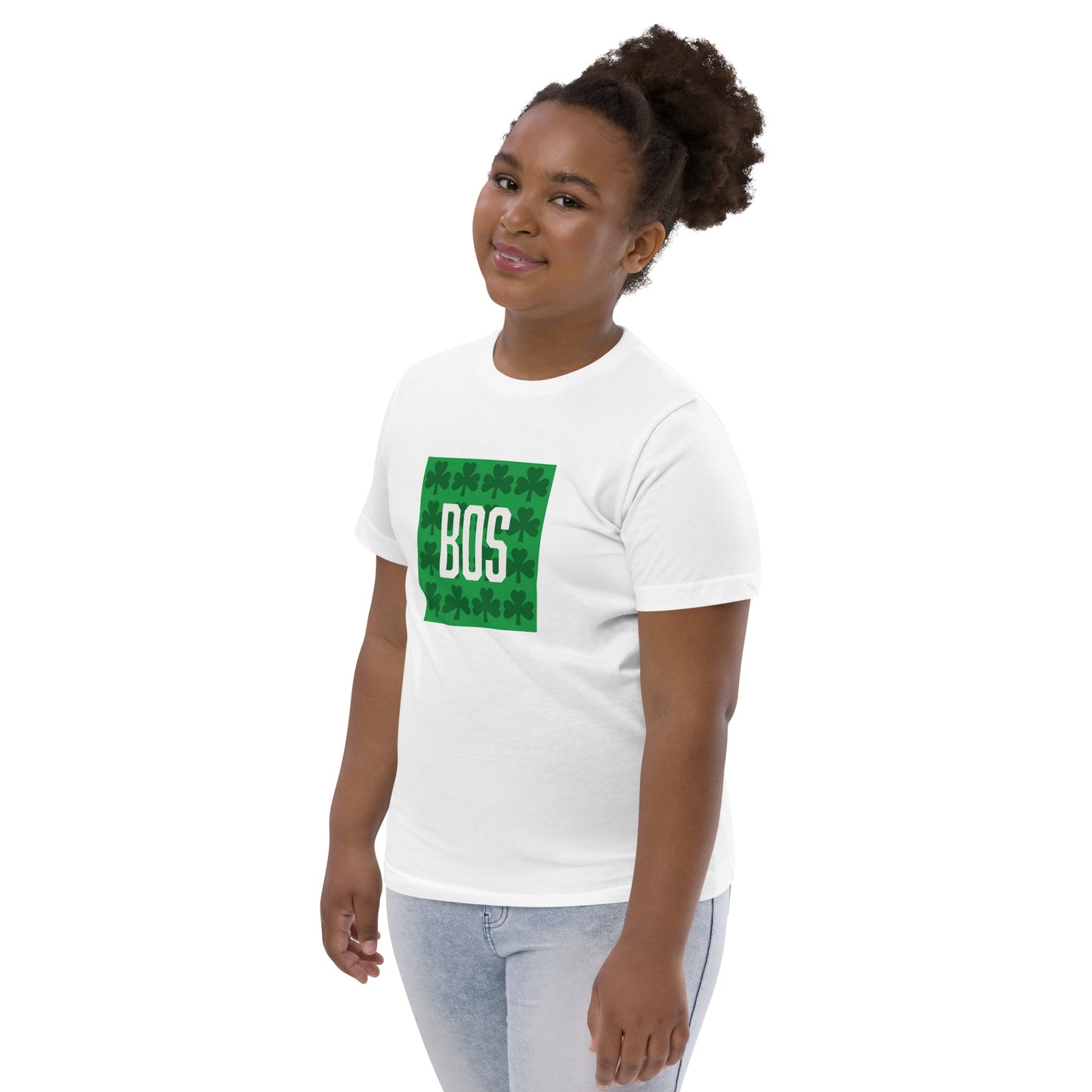 Boston "BOS" (youth) t shirt with green shamrocks, white, on model